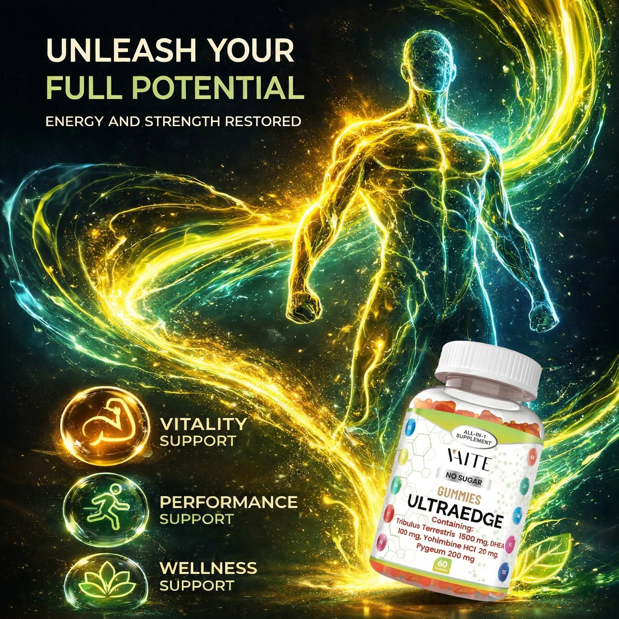VAITE UltraEdge Herbal Complex Gummies – Tribulus Terrestris 1500mg, DHEA 100mg, Yohimbine HCl 20mg, Pygeum 200mg, Plant-Based Blend, 60 Vegan Gummies, Non-GMO, Gluten-Free, Adult Supplement VAITE uk supplements
