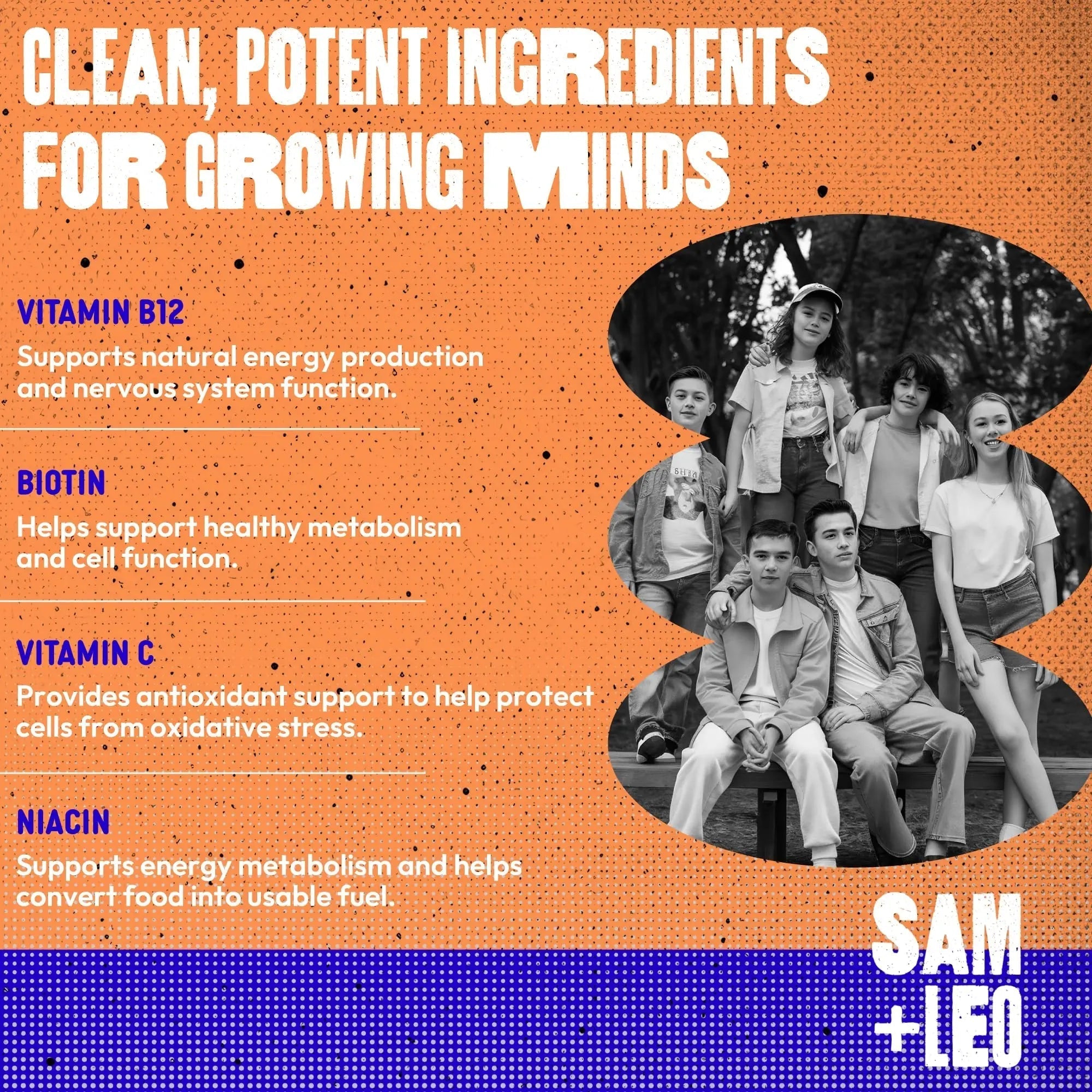 SAM+LEO Vitamin B Complex Gummies with Biotin for Kids & Teens - Caffeine-Free Focus & Energy Support Supplement Gummies | SAM+LEO uk supplements