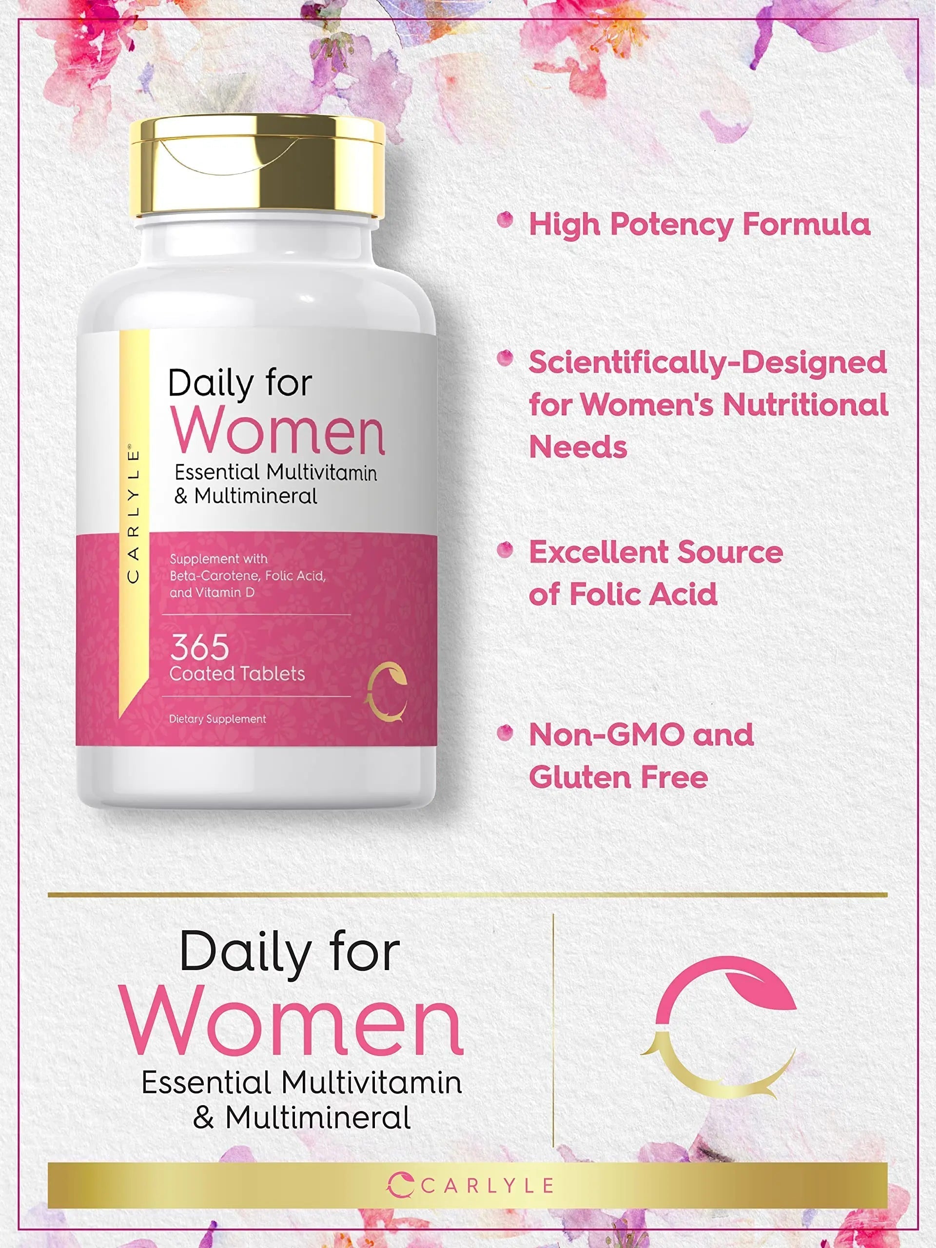 Carlyle Women's Daily Multivitamin and Multimineral Supplement | 365 Tablets | Beta-Carotene, Folic Acid and Vitamin D | Non-GMO, Gluten Free Pills Carlyle uk supplements