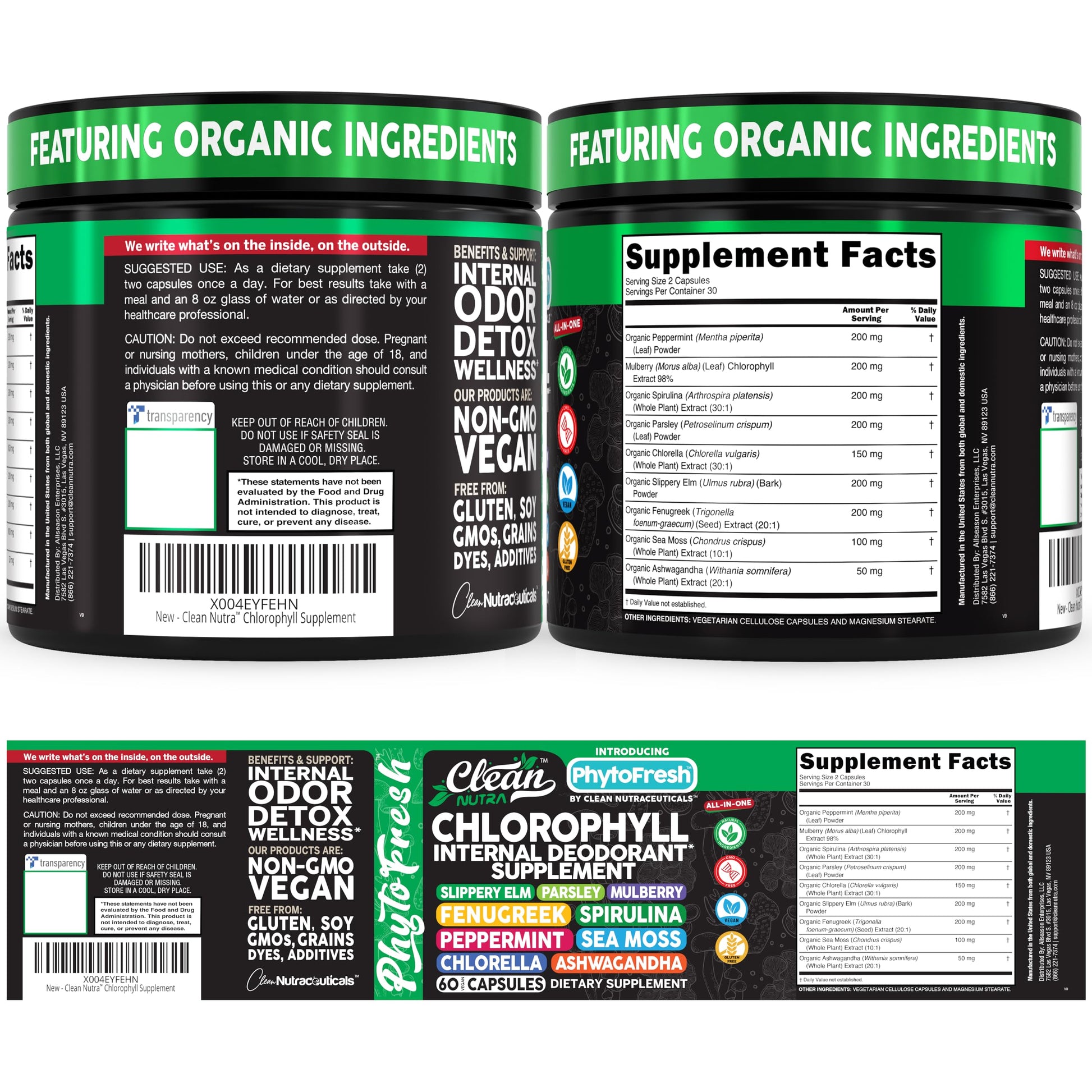 Clean Nutra Chlorophyll Capsules Supplement Internal Deodorant Peppermint, Sea Moss, Parsley, Chlorella, Spirulina, Slippery Elm, Ashwagandha, PhytoFresh Greens Detox Pills Clean Nutraceuticals uk supplements