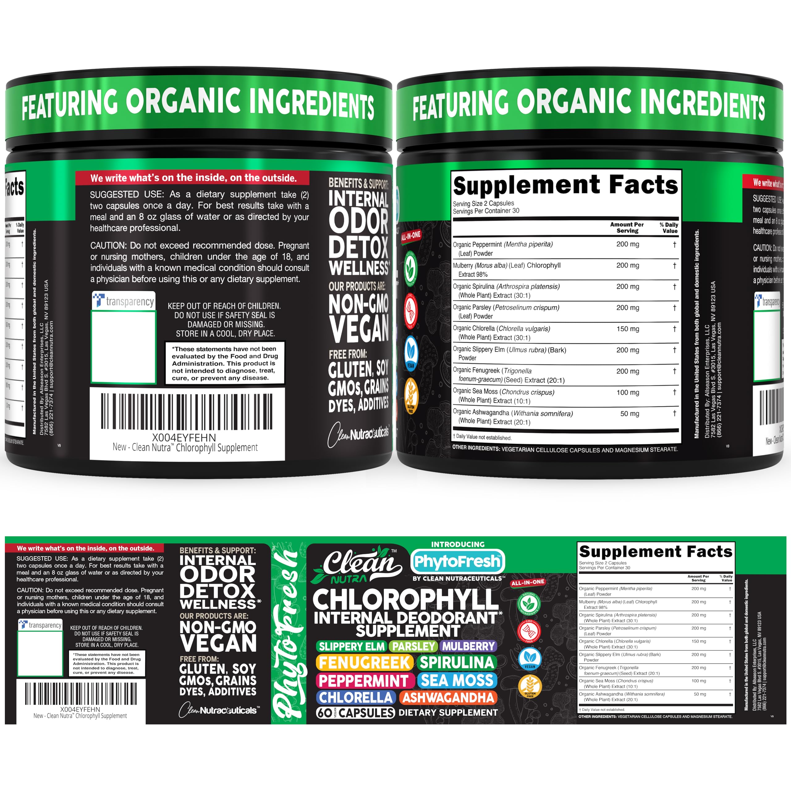 Clean Nutra Chlorophyll Capsules Supplement Internal Deodorant Peppermint, Sea Moss, Parsley, Chlorella, Spirulina, Slippery Elm, Ashwagandha, PhytoFresh Greens Detox Pills Clean Nutraceuticals uk supplements
