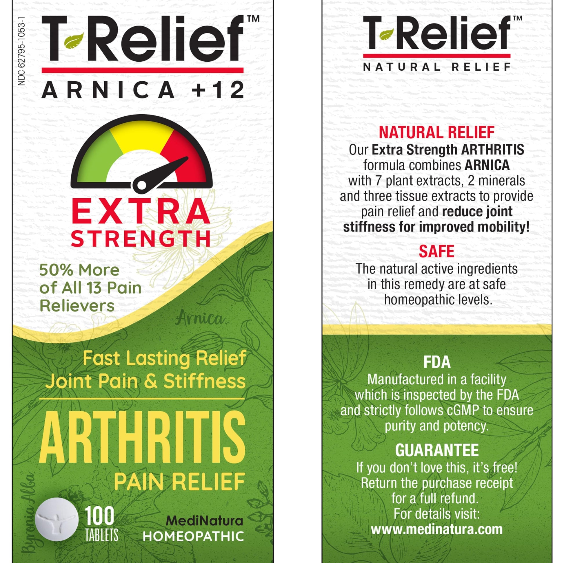 T-Relief Extra Strength Arthritis Pain Reliever Arnica +12 Natural Medicines for Joint Soreness Stiffness Aches, Quick Dissolving Pain Relief for Women & Men - 100 Tablets MediNatura uk supplements