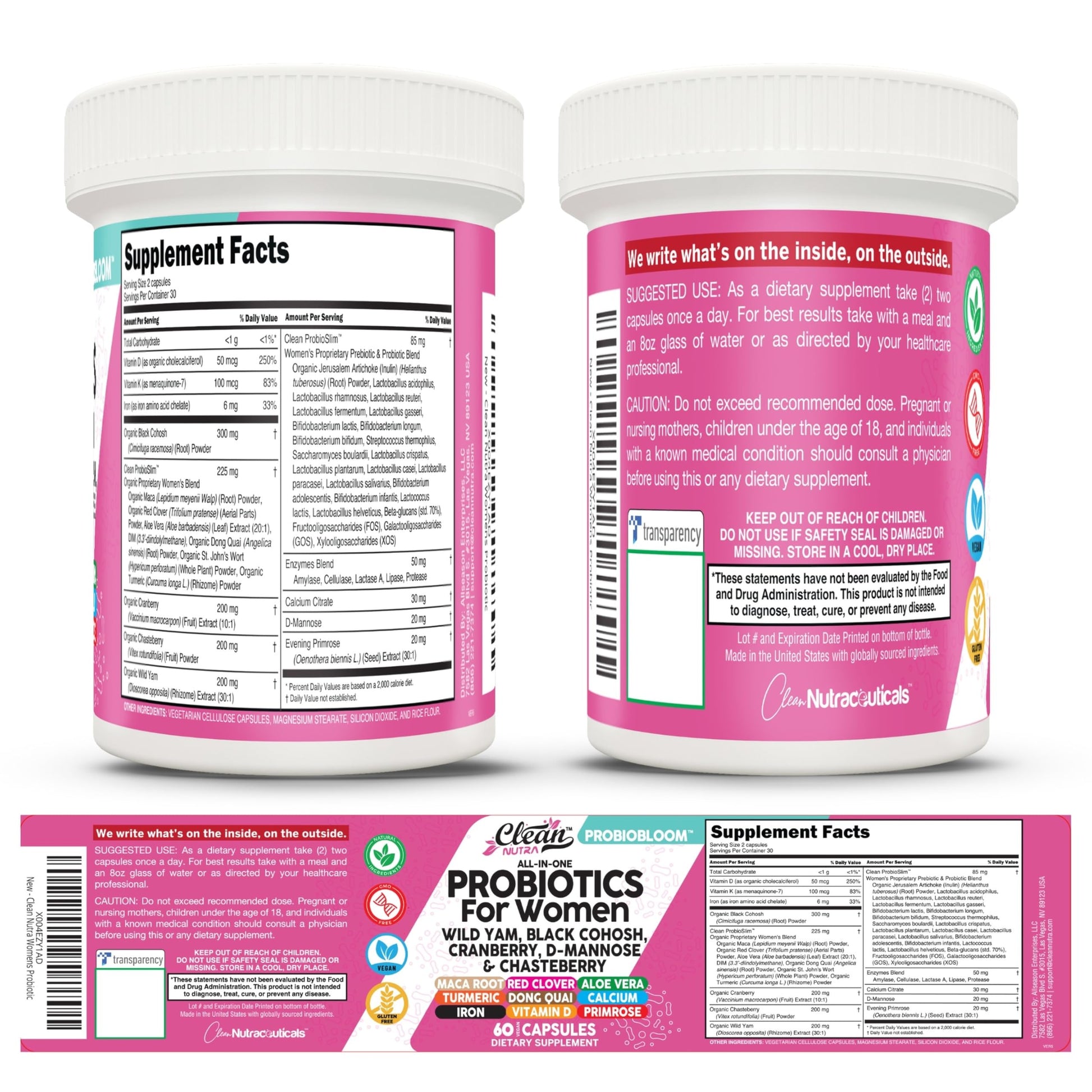 Clean Nutraceuticals Probiotics for Women with D Mannose, Cranberry Extract, Wild Yam, Chasteberry - 20 Probiotic and Prebiotic Strains - PH Balance, Womens Probiotic for Digestive Health - 60 Count Clean Nutraceuticals uk supplements