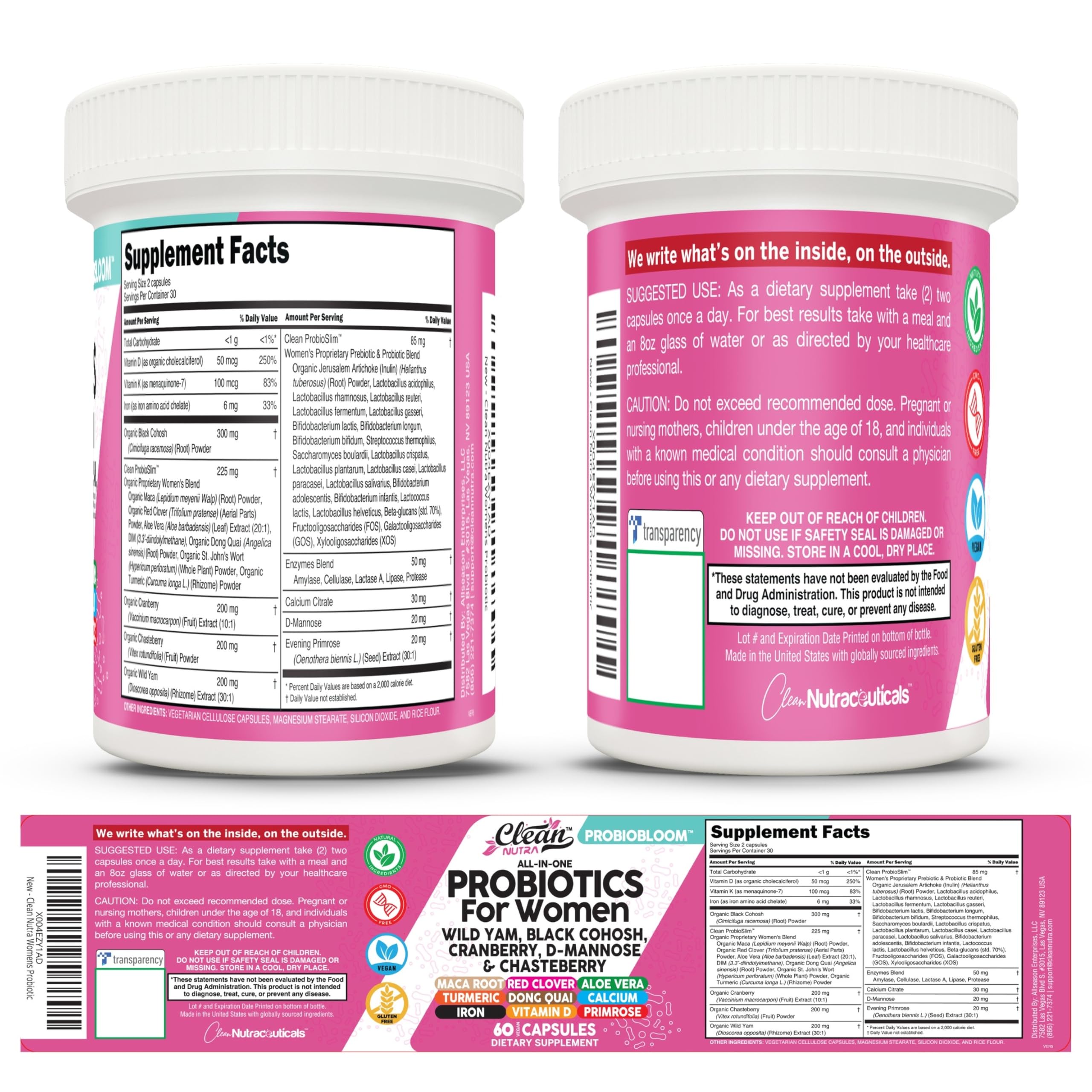 Clean Nutraceuticals Probiotics for Women with D Mannose, Cranberry Extract, Wild Yam, Chasteberry - 20 Probiotic and Prebiotic Strains - PH Balance, Womens Probiotic for Digestive Health - 60 Count Clean Nutraceuticals uk supplements