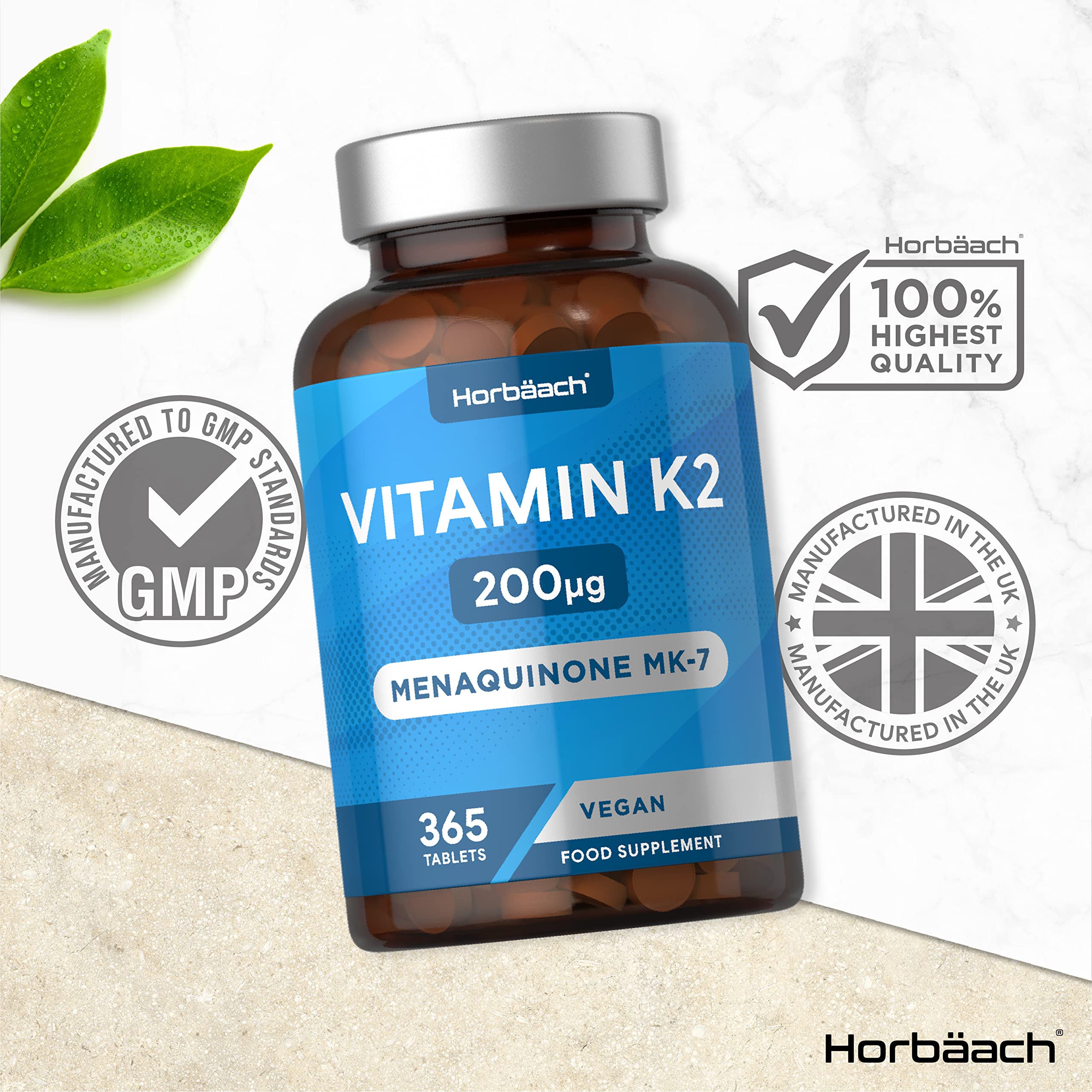 Vitamin K2 MK7 200ug | 365 Vegan Tablets | High Strength Menaquinone MK-7 Horbäach uk supplements