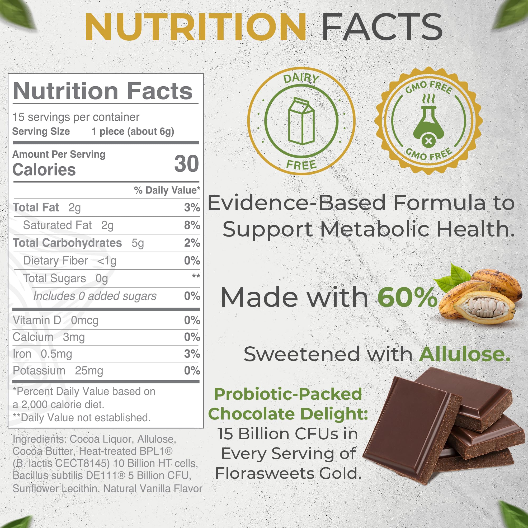 Revival Point Florasweets Gold Chocolate Bites with Probiotic + Postbiotic Stains DE111 & BPL1 - Indivally Wrapped - Supports Digestive & Gut Health Bacillus subtilis (1) Revival Point uk supplements
