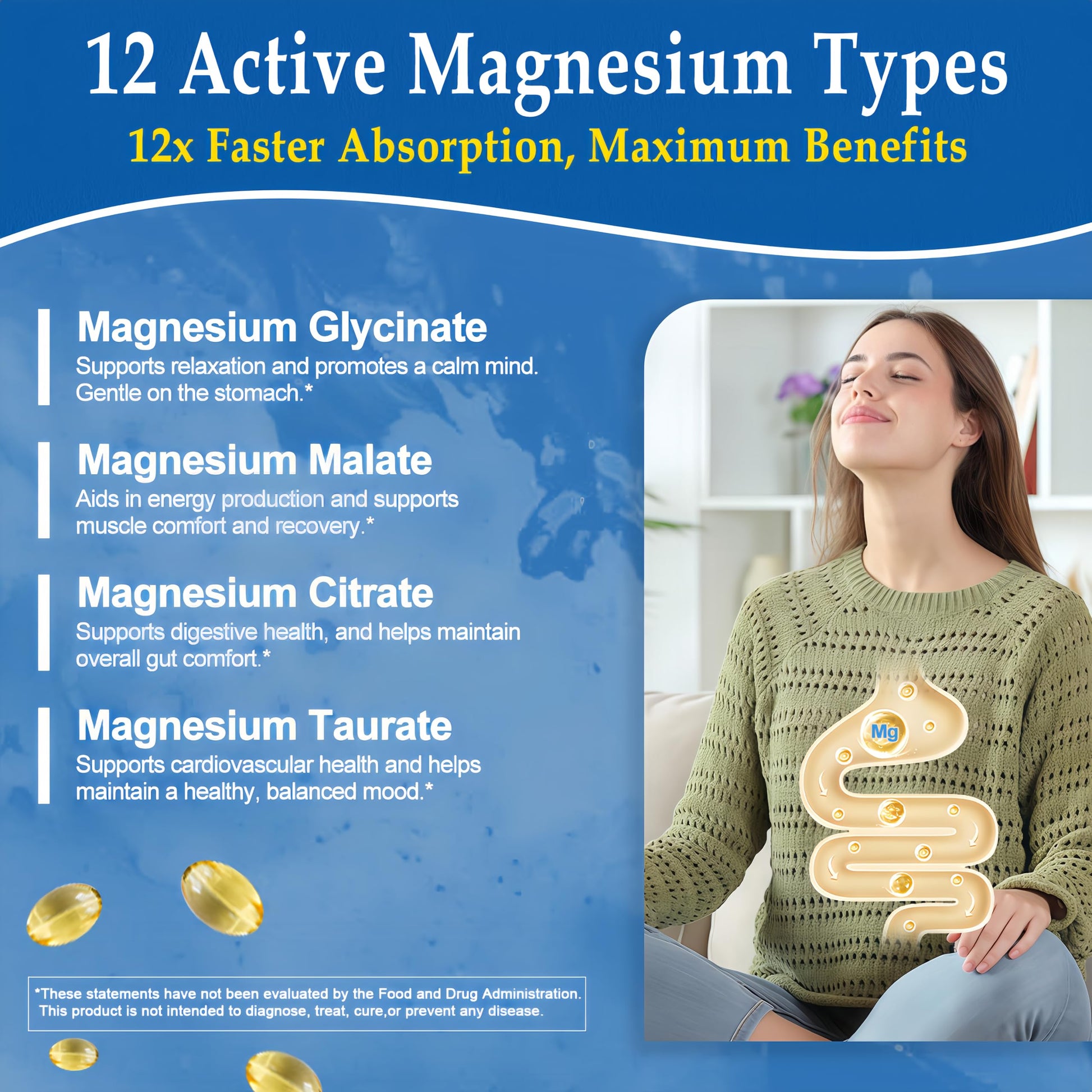 Magnesium Complex Softgels - 12-in-1 Magnesium Supplement with Glycinate,Citrate,Malate,Oxide,Taurate - High Absorption Magnesium Complex for Women & Men for Muscle, Heart, Sleep, Bone, Nerve Support JINGYAT uk supplements