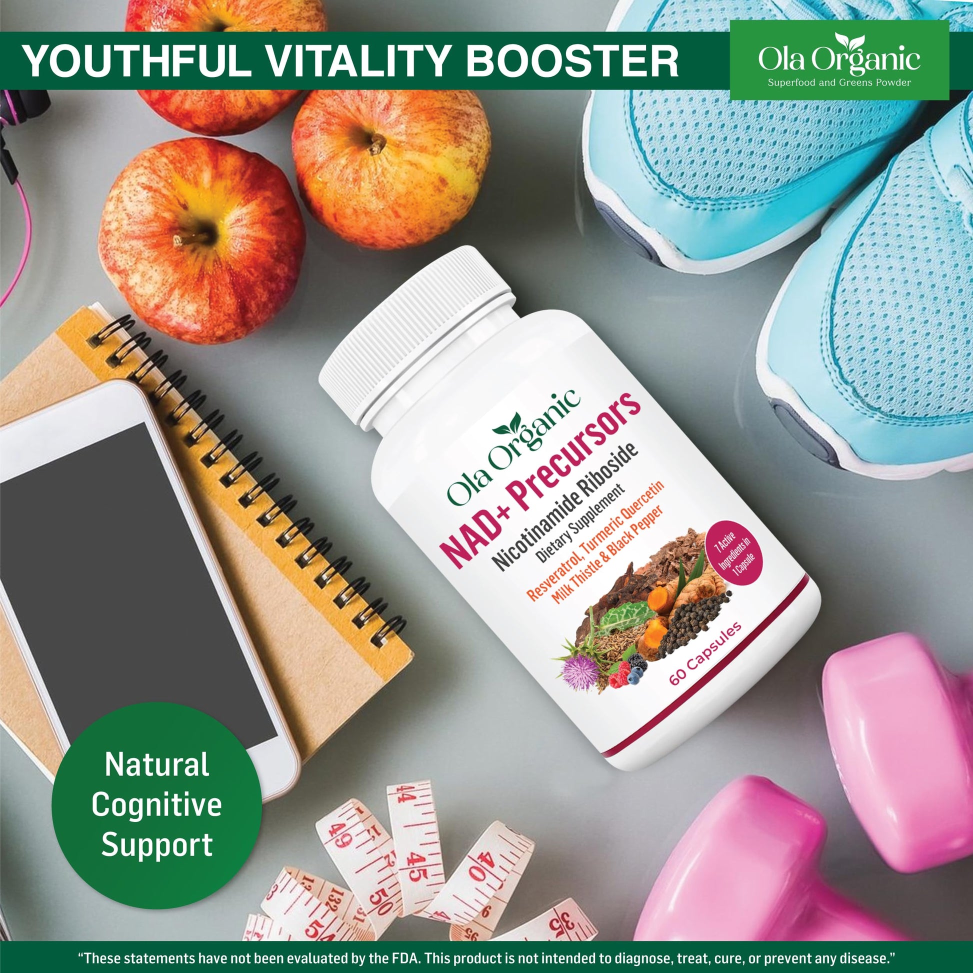 NAD+ Supplement & NAD Booster for Cellular Energy and Healthy Aging – Plant-Based Nicotinamide Riboside (NR) NAD Precursor with Resveratrol, Turmeric, Quercetin, Rhodiola & Milk Thistle – 60 Capsules Ola Organic uk supplements