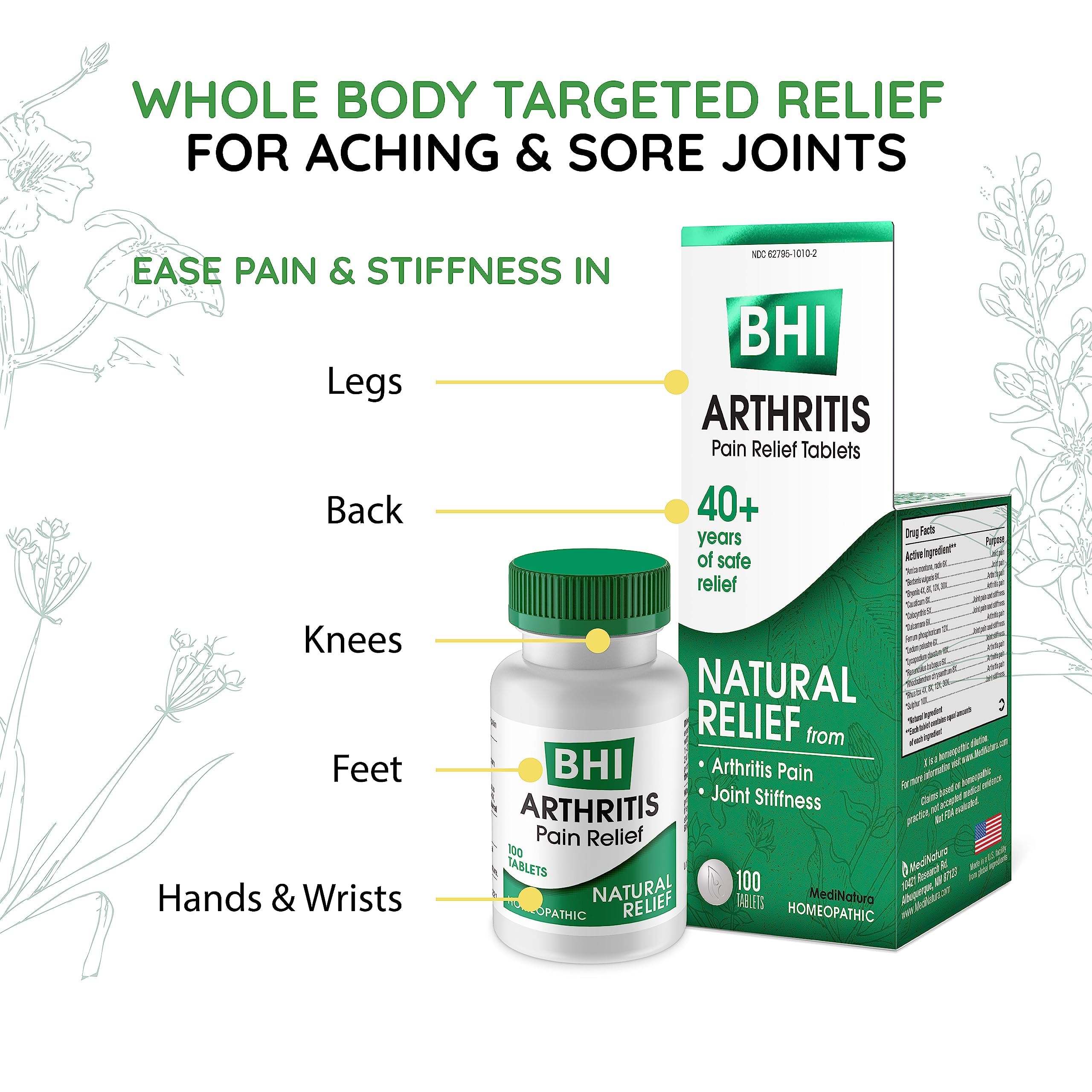 BHI Arthritis Pain Relief Daily Joint Health Support Arnica + 13 Natural Actives Homeopathic Plant & Mineral Blend Helps Relieve Minor Pain & Stiffness in Joints for Women & Men - 100 Tablets MediNatura uk supplements