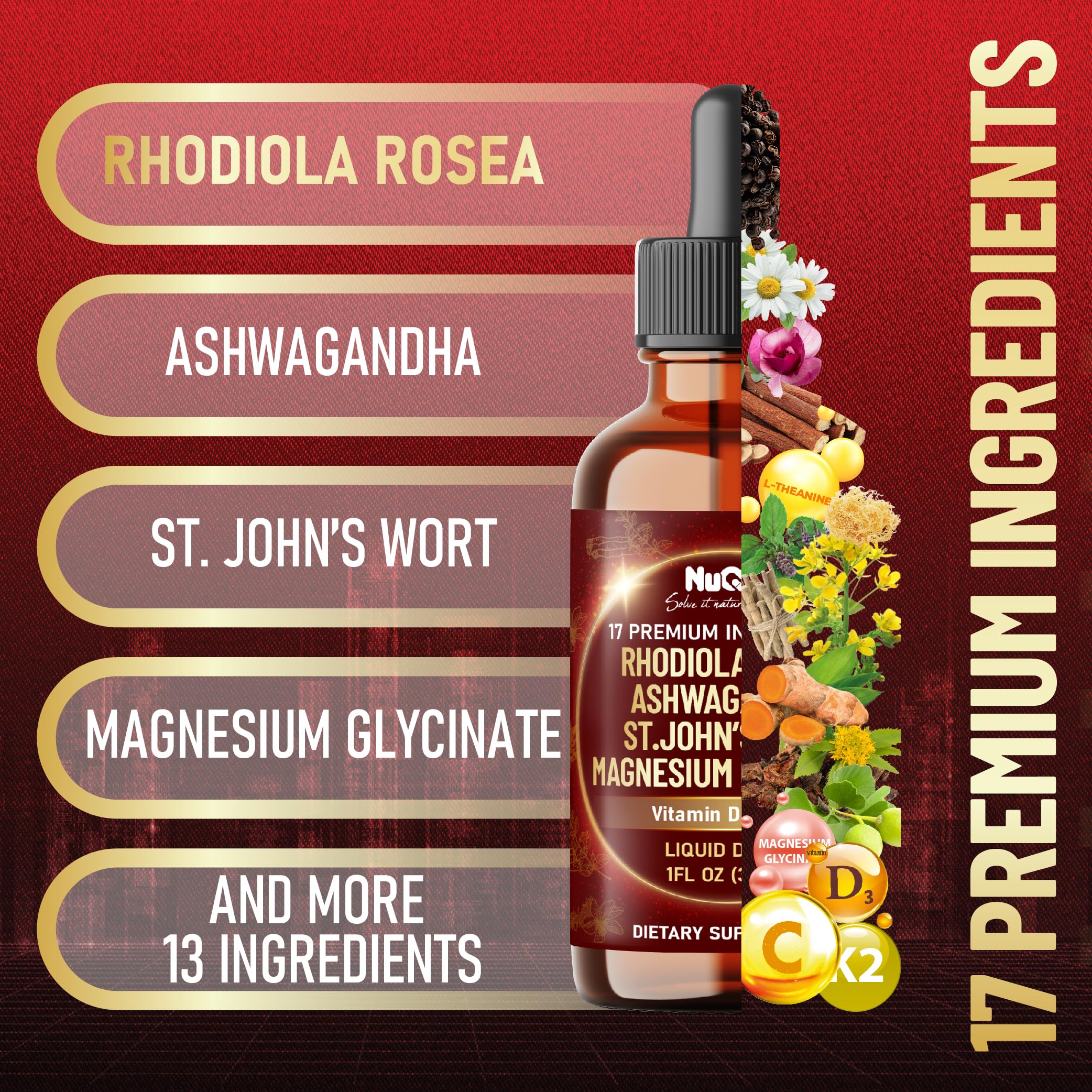 NUQIIT 17in1 Rhodiola Rosea Liquid Drops Tincture w/Ashwagandha Magnesium, L-Theanine. Ultra Rhodiola Cortisol Supplement, Rhodiola Root for Mood, Energy - 1 FL Oz - 60 Day Supply NUQIIT uk supplements