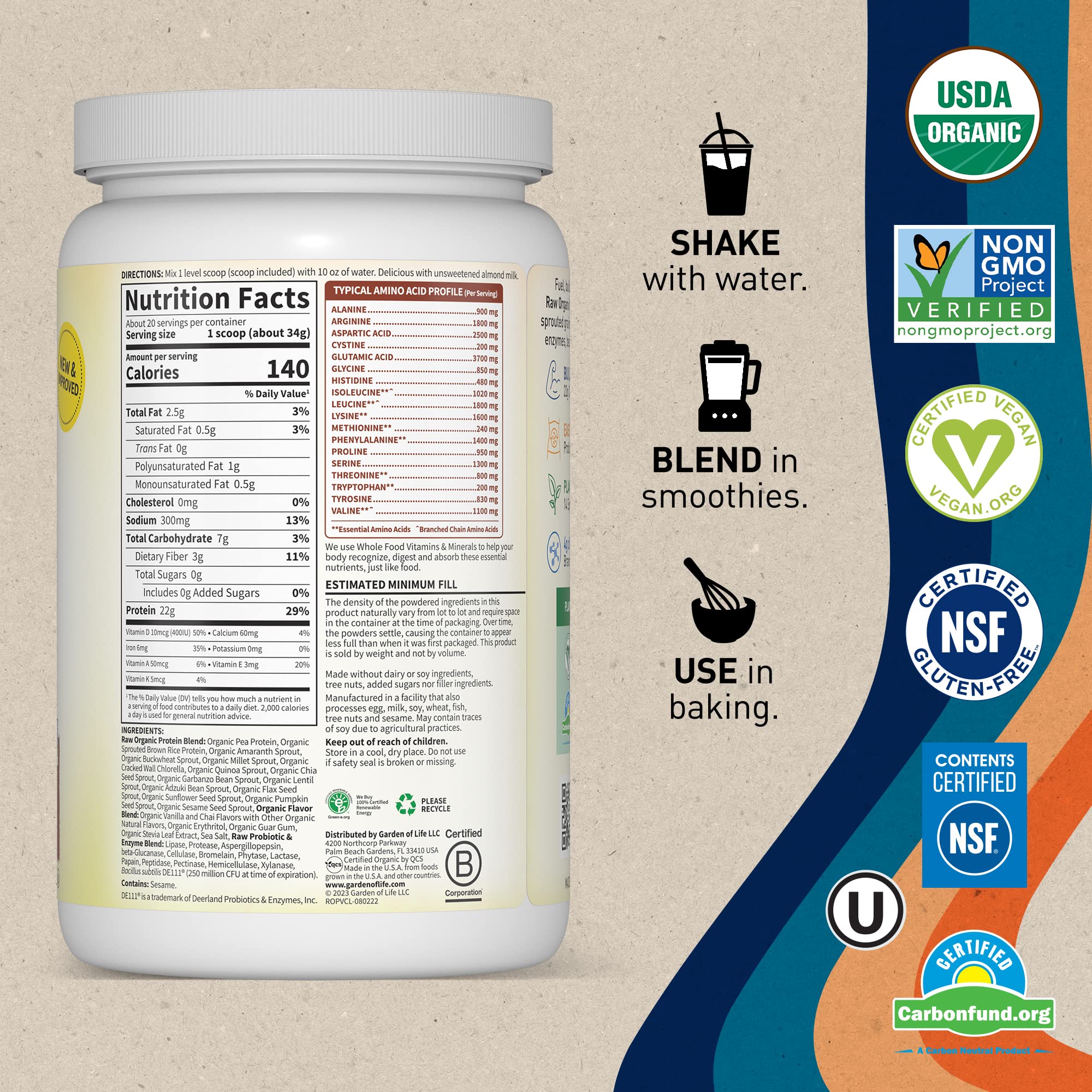 Garden of Life, Organic Vegan Vanilla Chai Protein Powder -22g Complete Plant Based Raw Garden of Life uk supplements