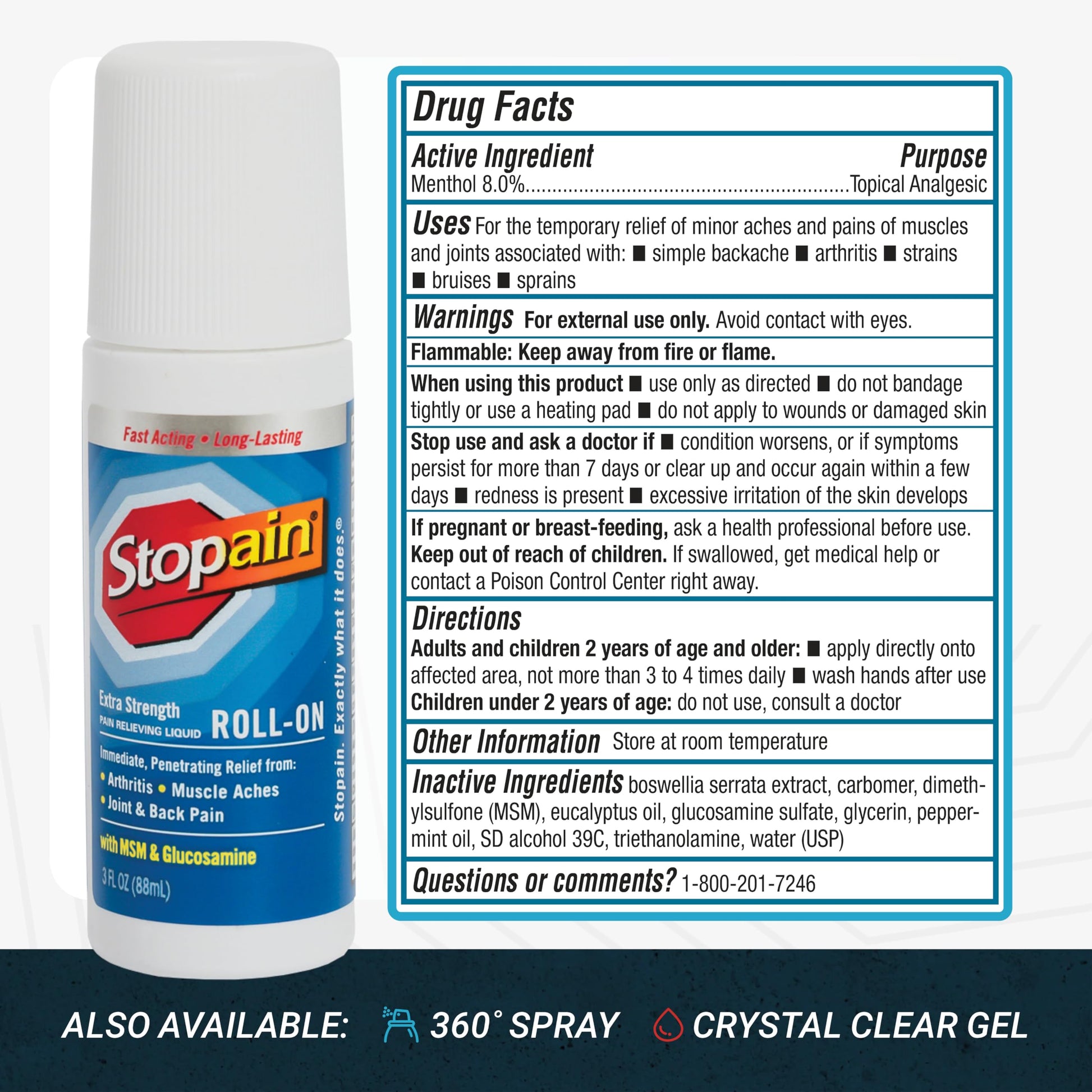 Stopain Pain Relief Roll On Gel 3oz, USA Made, Max Strength Fast Acting with MSM, Glucosamine, Menthol for Arthritis, Lower Back, Knee, Neck, HSA FSA Approved OTC Topical Analgesic Products Stopain uk supplements