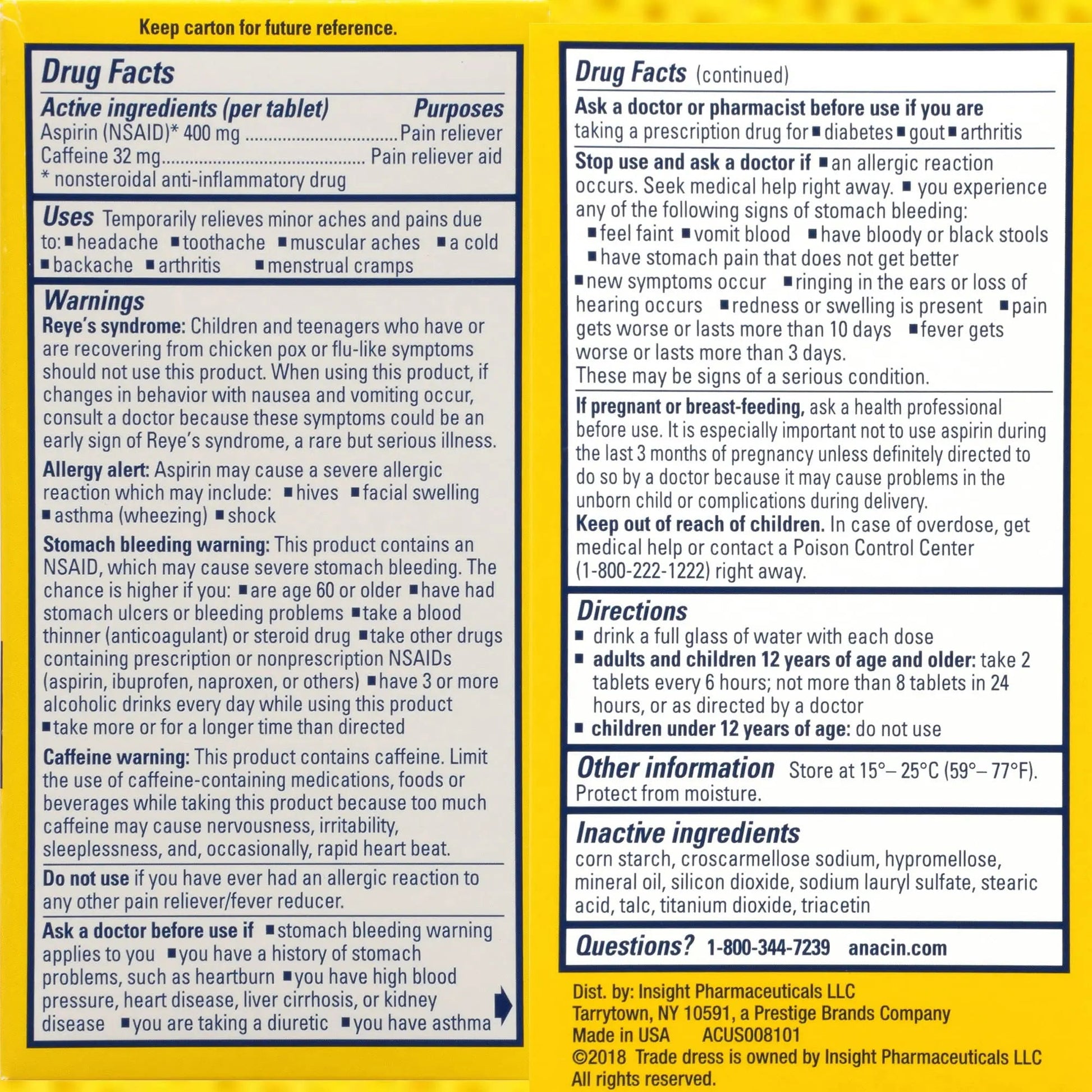 Anacin Aspirin & Caffeine Fast Pain Relief, Eases Minor Aches and Pains Due to Headache, Muscle Aches & Arthritis, 300 Count ANACIN uk supplements