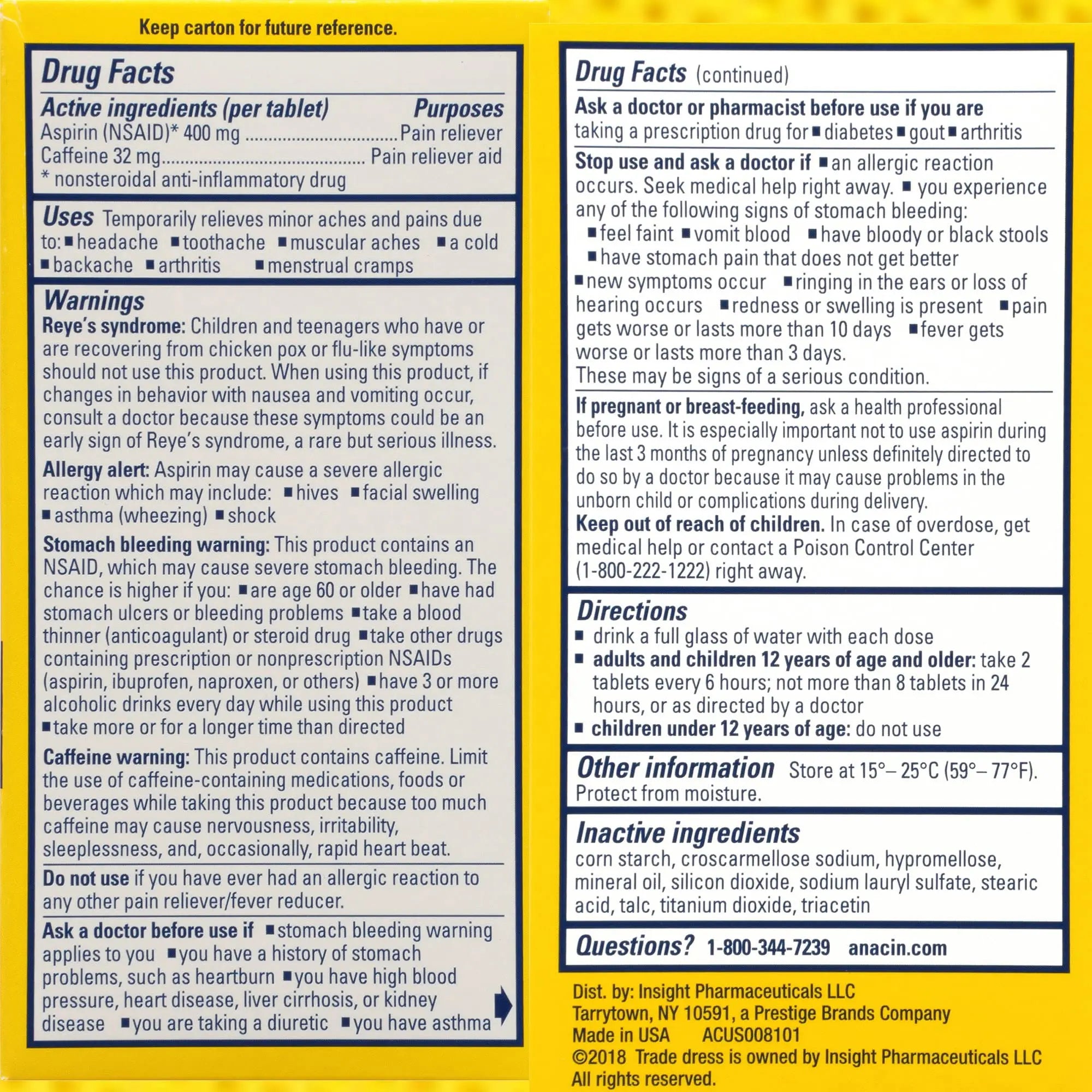 Anacin Aspirin & Caffeine Fast Pain Relief, Eases Minor Aches and Pains Due to Headache, Muscle Aches & Arthritis, 300 Count ANACIN uk supplements