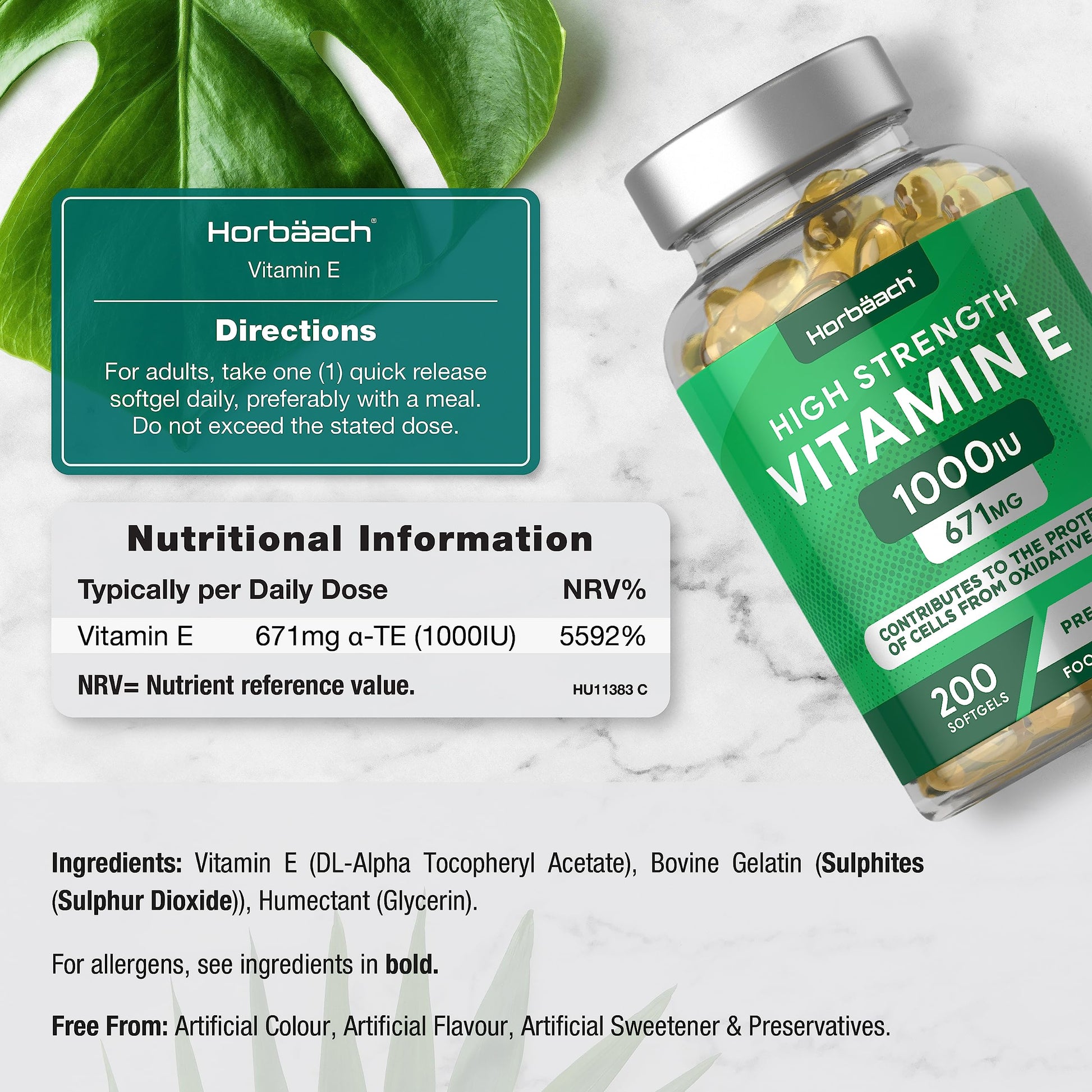 Vitamin E Capsules 1000iu | 200 Count | High Strength Vitamin E as DL-Alpha Tocopheryl Horbäach uk supplements