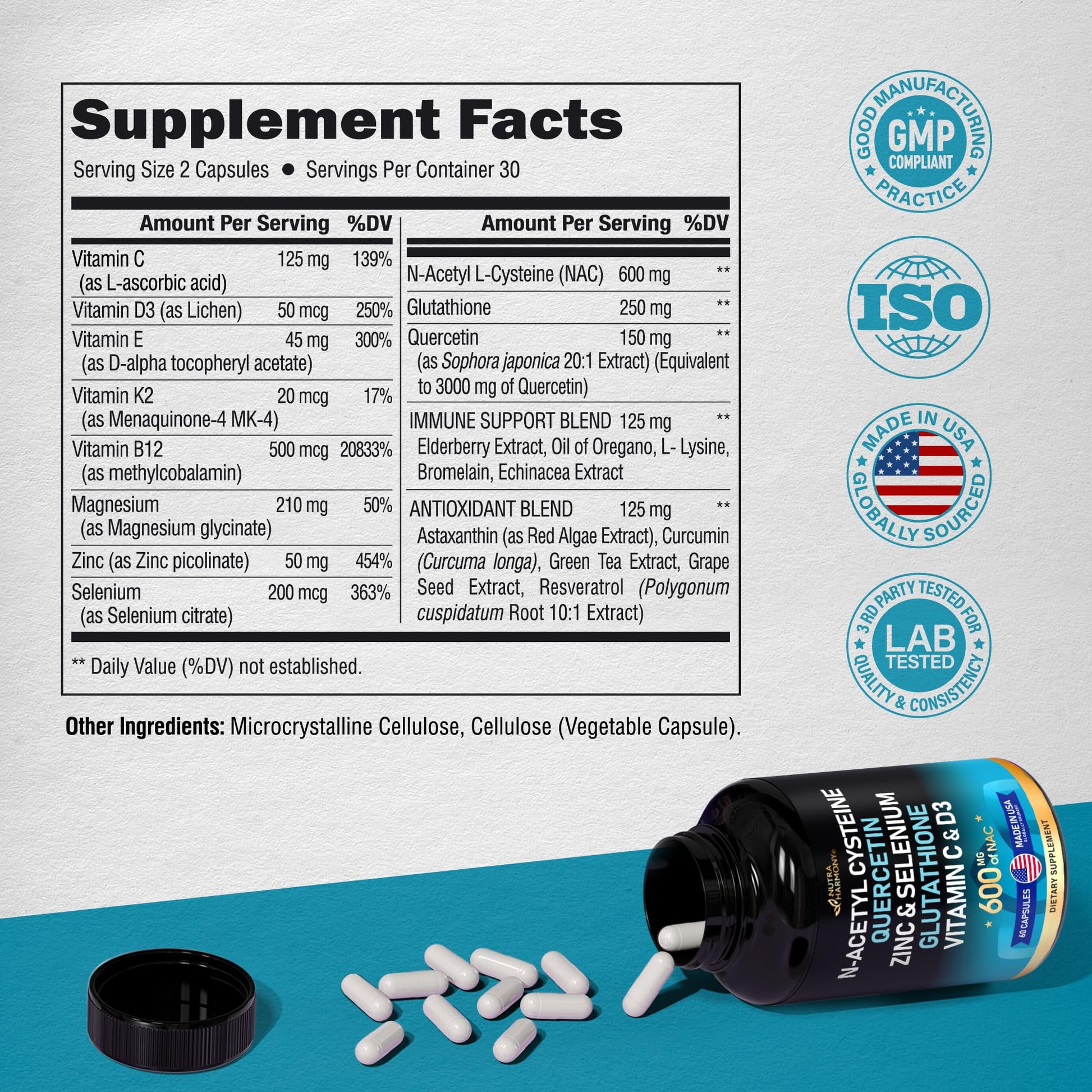 NAC 600 mg Supplement | Quercetin | Zinc | Glutathione | Selenium | Vitamin C & D3 NUTRAHARMONY uk supplements