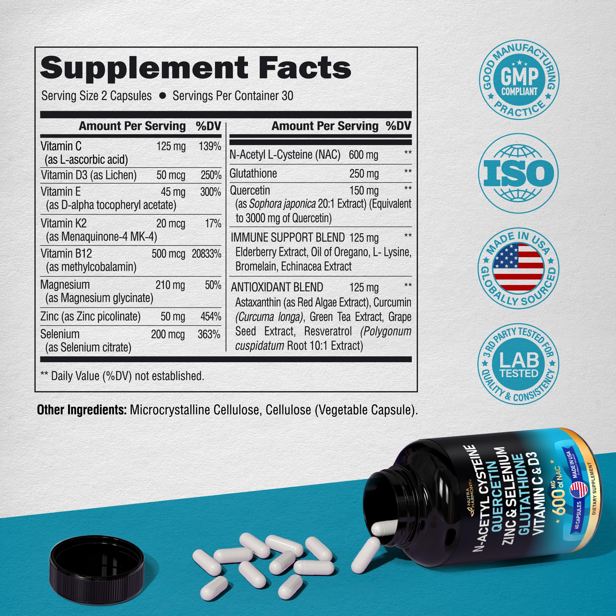 NAC 600 mg Supplement | Quercetin | Zinc | Glutathione | Selenium | Vitamin C & D3 NUTRAHARMONY uk supplements