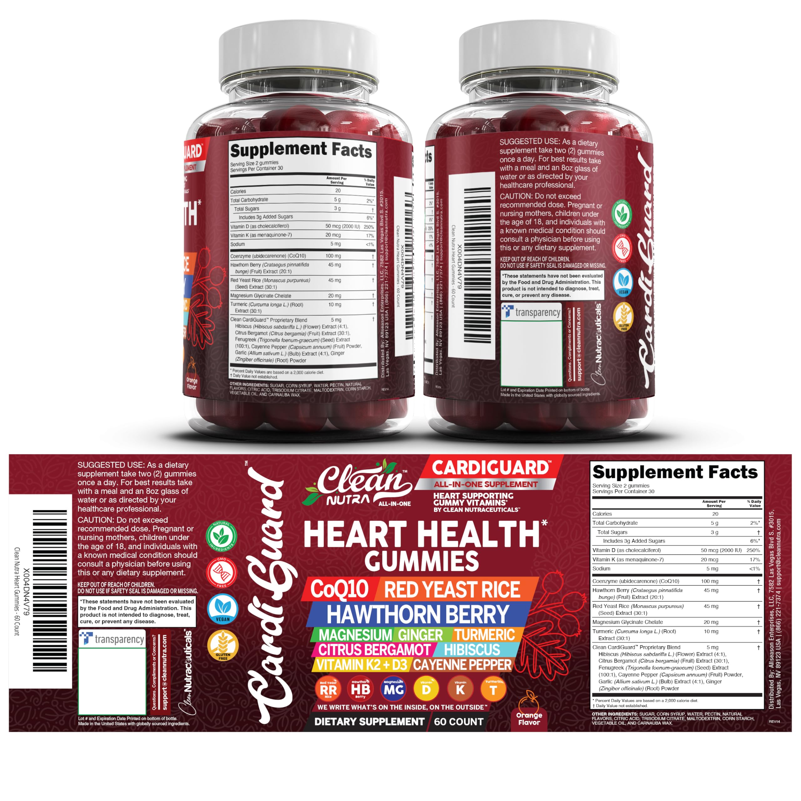 Clean Nutraceuticals Coq10 Gummies | Red Yeast Rice Hawthorn Berry Ginger Turmeric Citrus Bergamot Hibiscus Vitamin K2+D3 Magnesium Glycinate Cayenne Pepper Fenugreek Orange Flavor CardiGuard Clean Nutraceuticals uk supplements