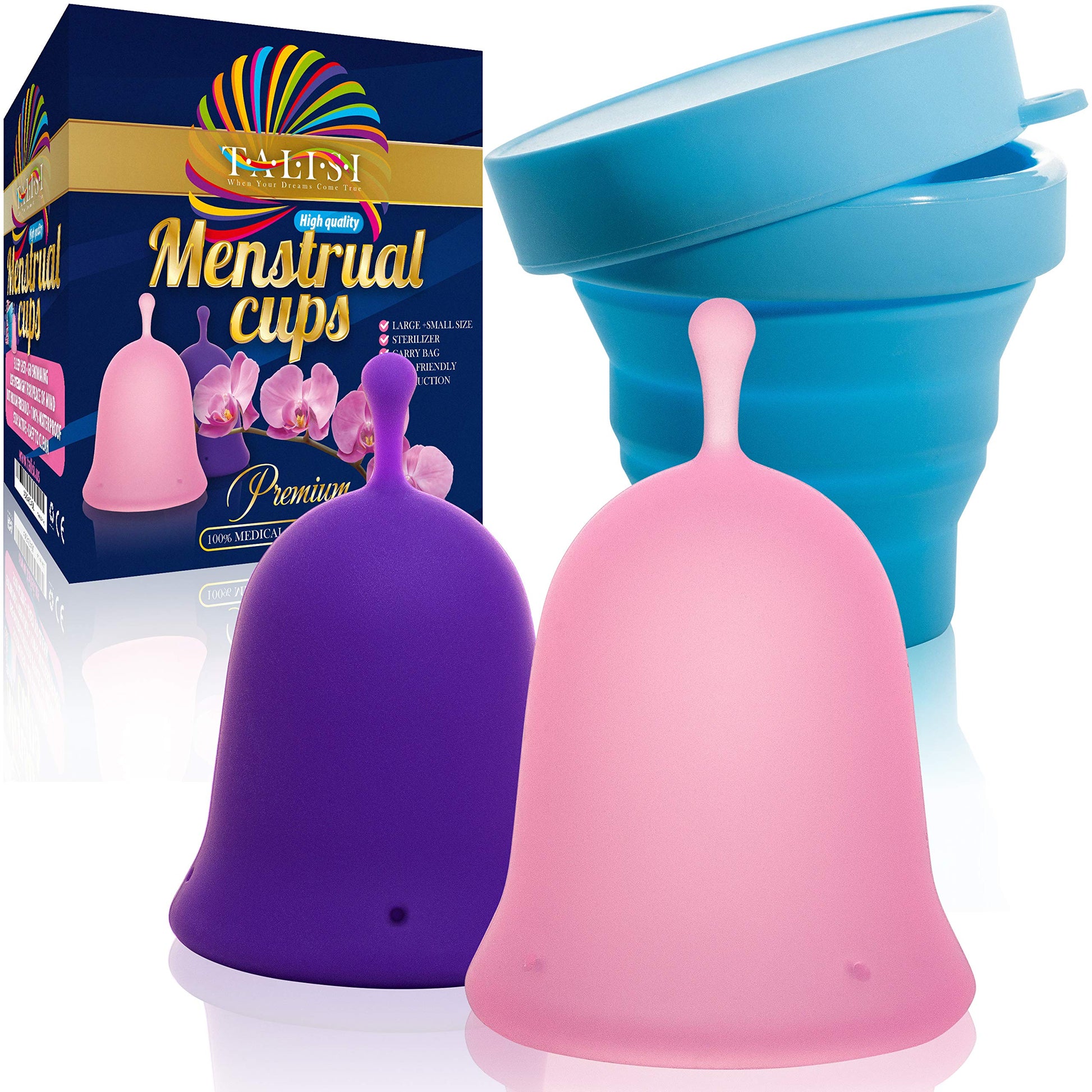 Talisi Menstrual Cups Set of 2 with Collapsible Silicone Sterilizer - Soft & Flexible Sensitive Feminine TALISI WHEN YOUR DREAMS COME TRUE uk supplements