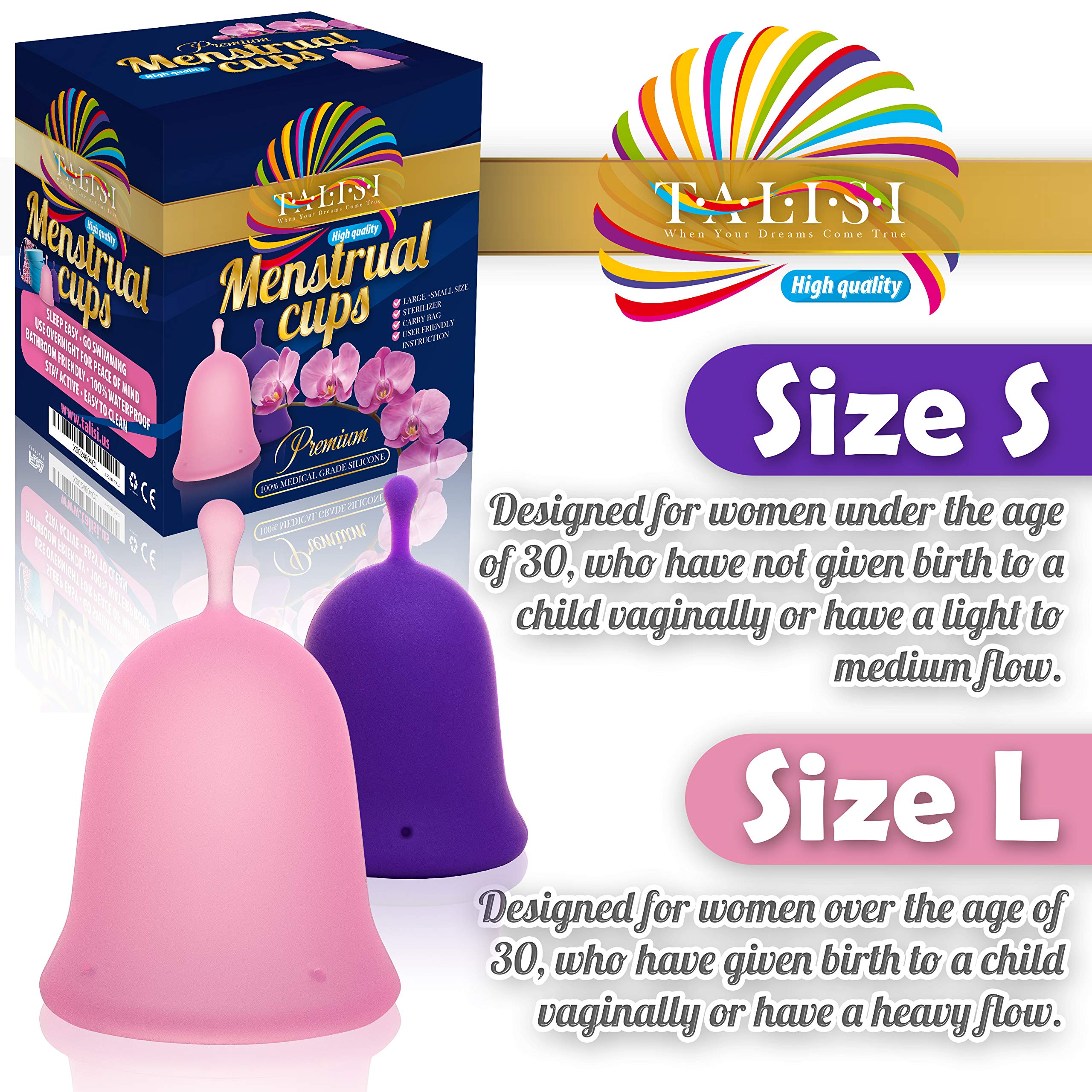 Talisi Menstrual Cups Set of 2 with Collapsible Silicone Sterilizer - Soft & Flexible Sensitive Feminine TALISI WHEN YOUR DREAMS COME TRUE uk supplements