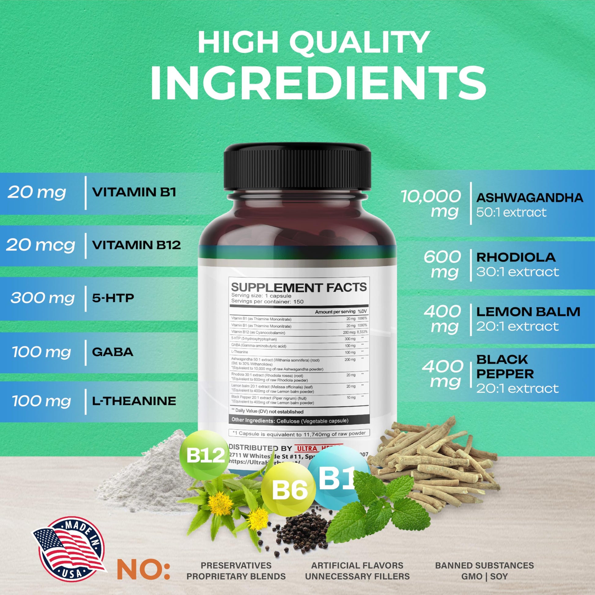 5-HTP Supplement 11,740mg 10 in 1 with GABA, L-Theanine, Ashwagandha, Rhodiola ULTRA HERBS uk supplements