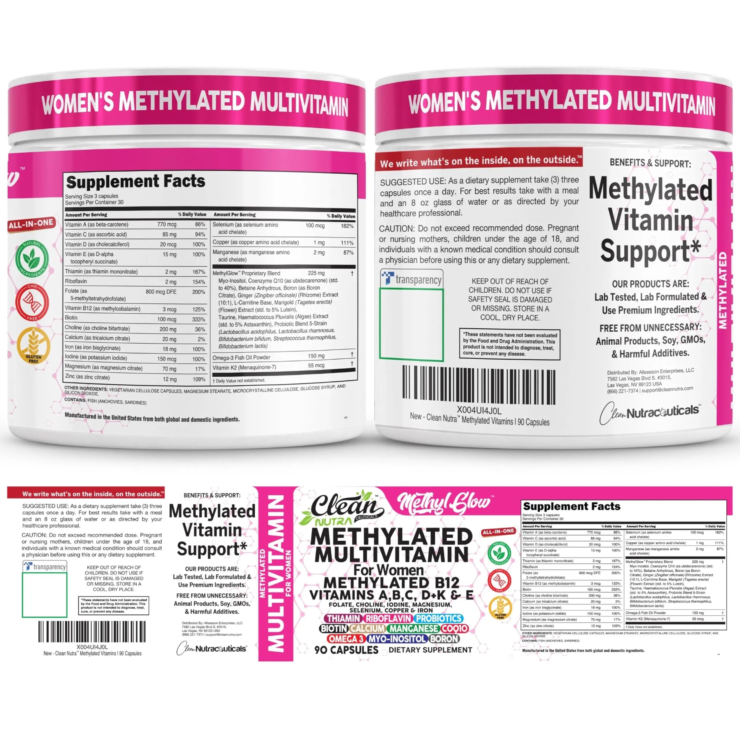 Methylated Multivitamin for Women Vitamins B6 Methyl B12 A B C D K E Folate Choline Omega 3 Thiamine Riboflavin Iron Clean Nutraceuticals uk supplements