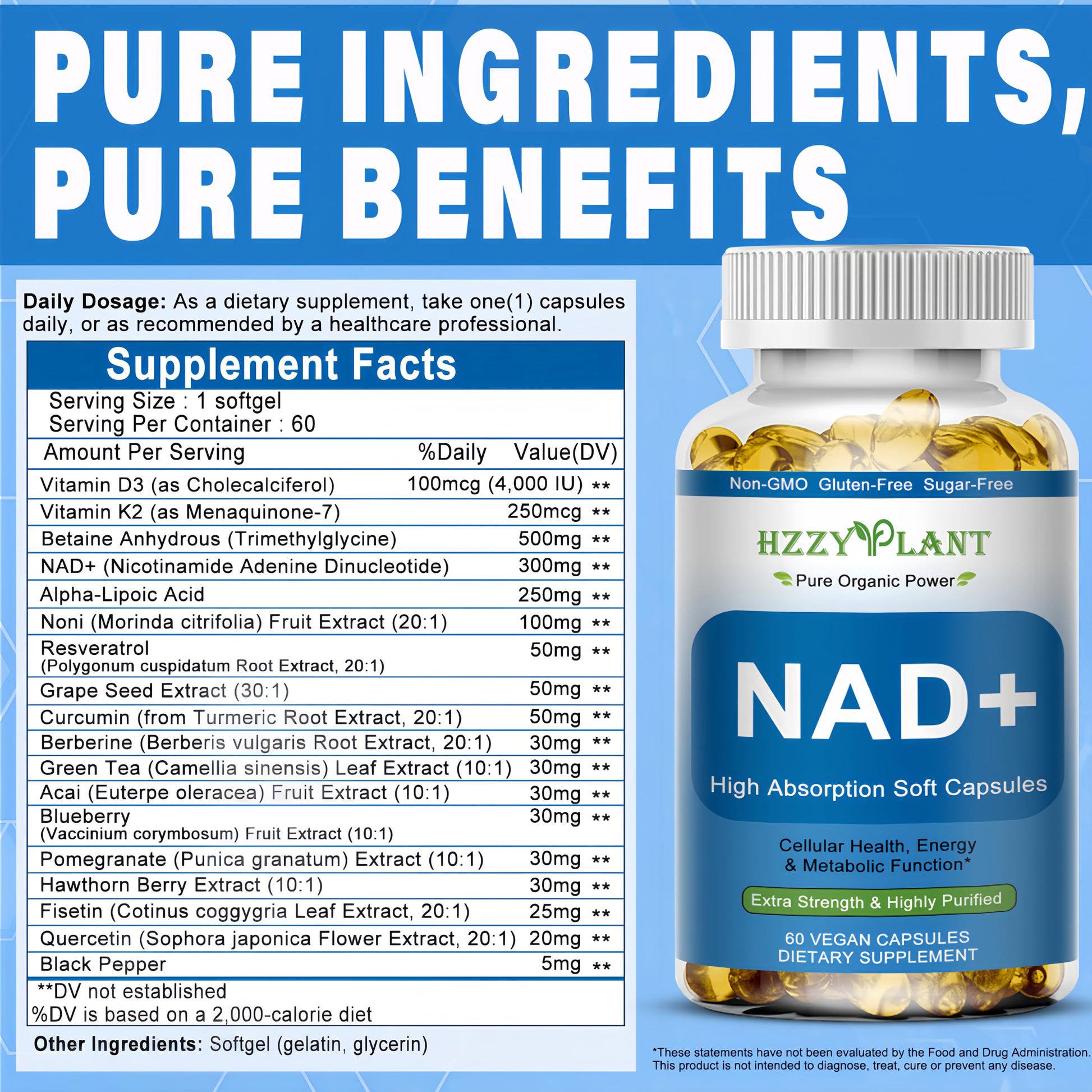 HZZYPLANT NAD+ Supplement, High Absorption NAD Supplements for Women for Cellular Energy Immune Focus Health, NAD Resveratrol Softgel Capsules, NAD Liquid Softgels Supplement, Non-GMO, 2 Month Supply HZZYPLANT uk supplements