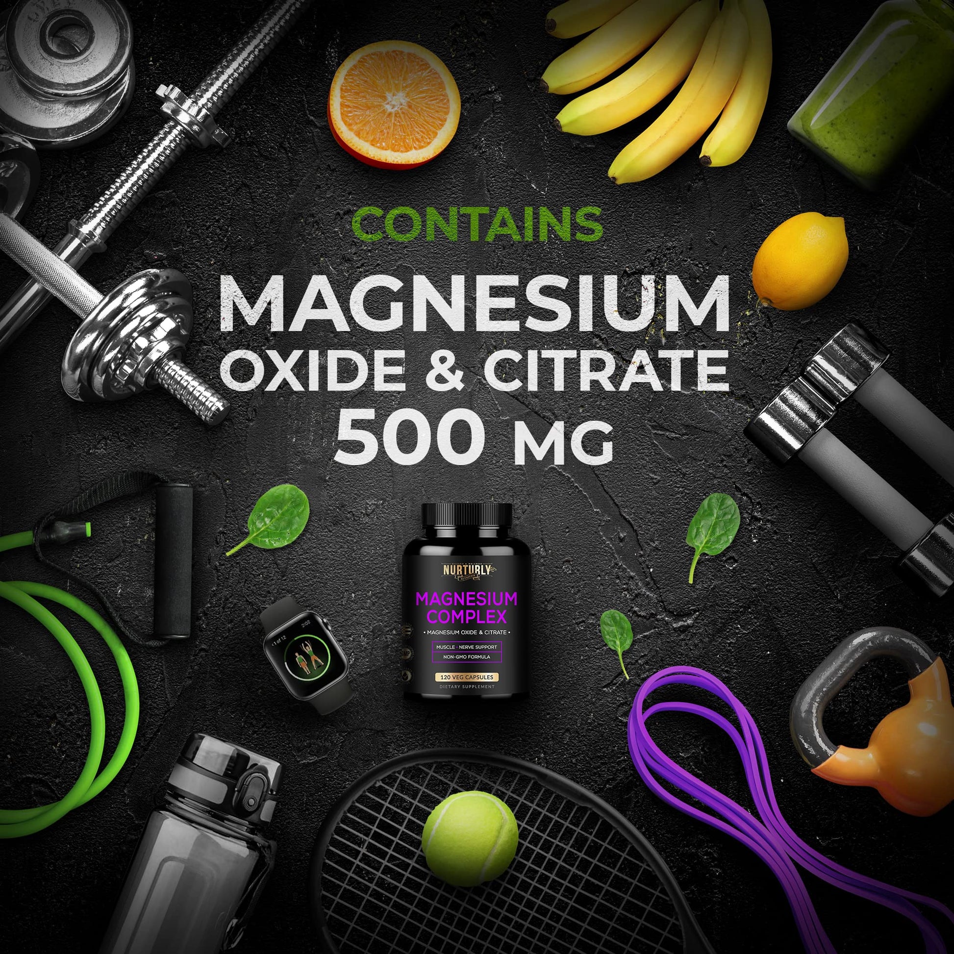 Magnesium Citrate & Oxide 500mg Complex Supplement - High Absorption Maximum Strength - Helps Support Bone Density and Strength, Muscles, Energy and Sleep - 120 Vegan Capsules NURTURLY uk supplements