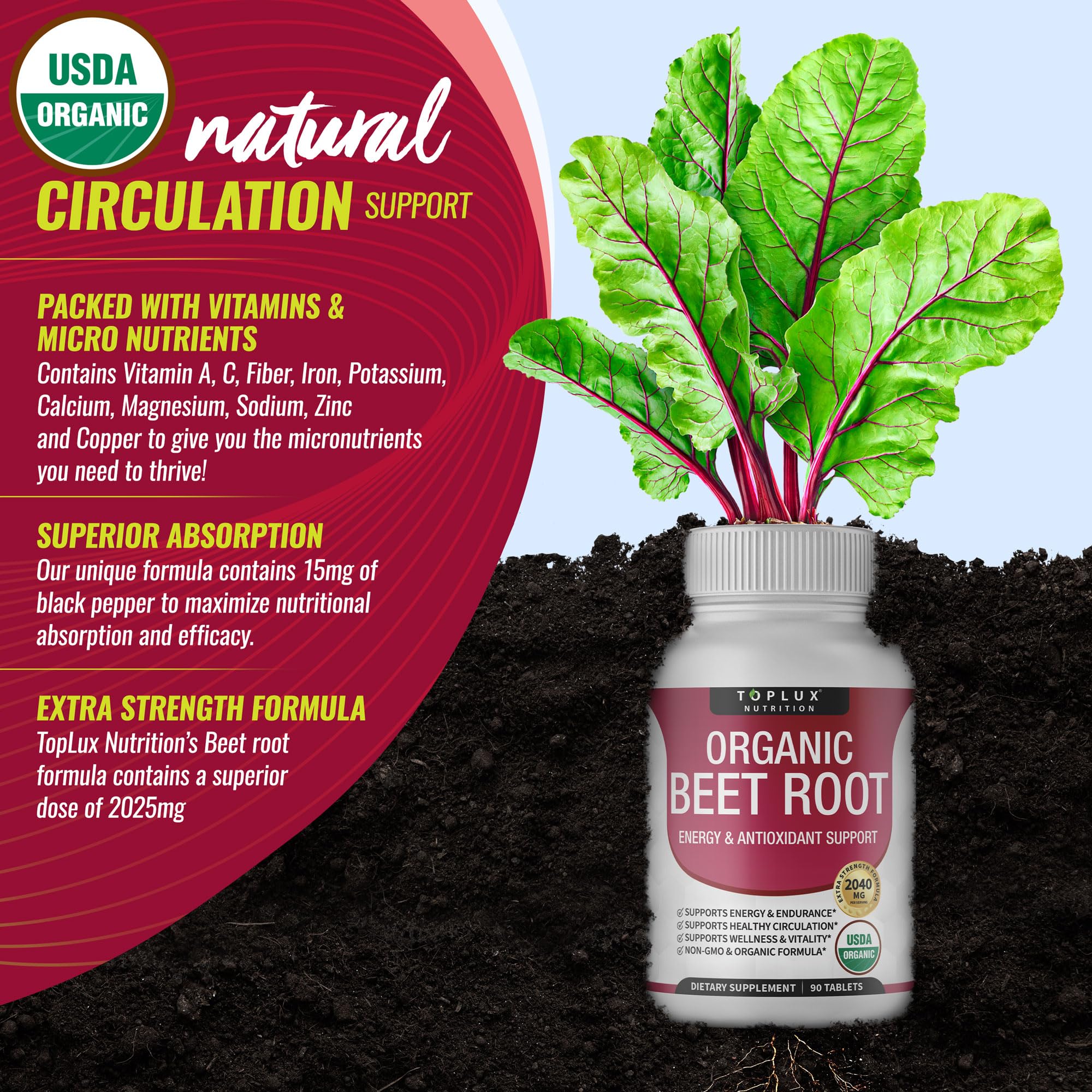Organic Beet Root Powder Tablets - 2040mg Natural Nitric Oxide Beets to Support, Energy Toplux uk supplements