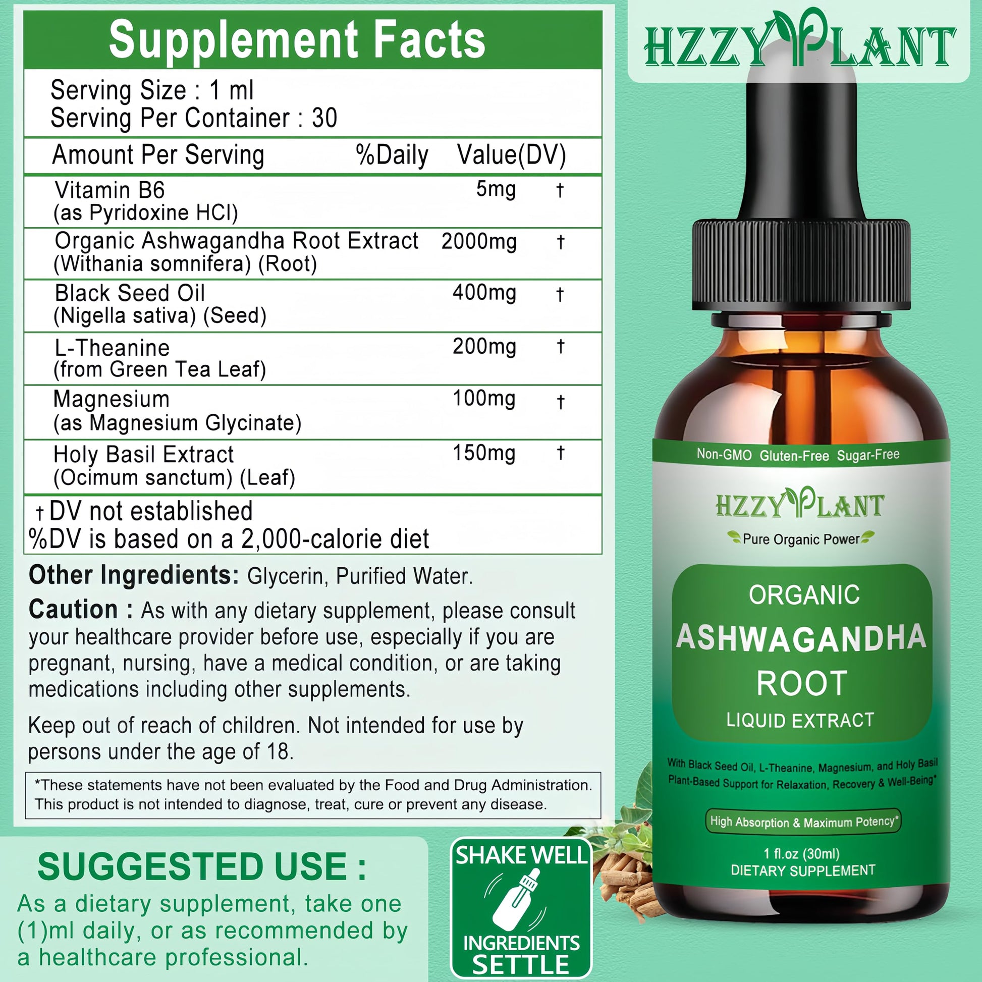 Organic Ashwagandha Drops,High Absorption Ashwagandha Extract Tincture for Stress Relief,Relaxation,Cortisol Support,Ashwagandha for Women & Men with Magnesium,L Theanine,Black Seed Oil,Vegan,Non-GMO HZZYPLANT uk supplements