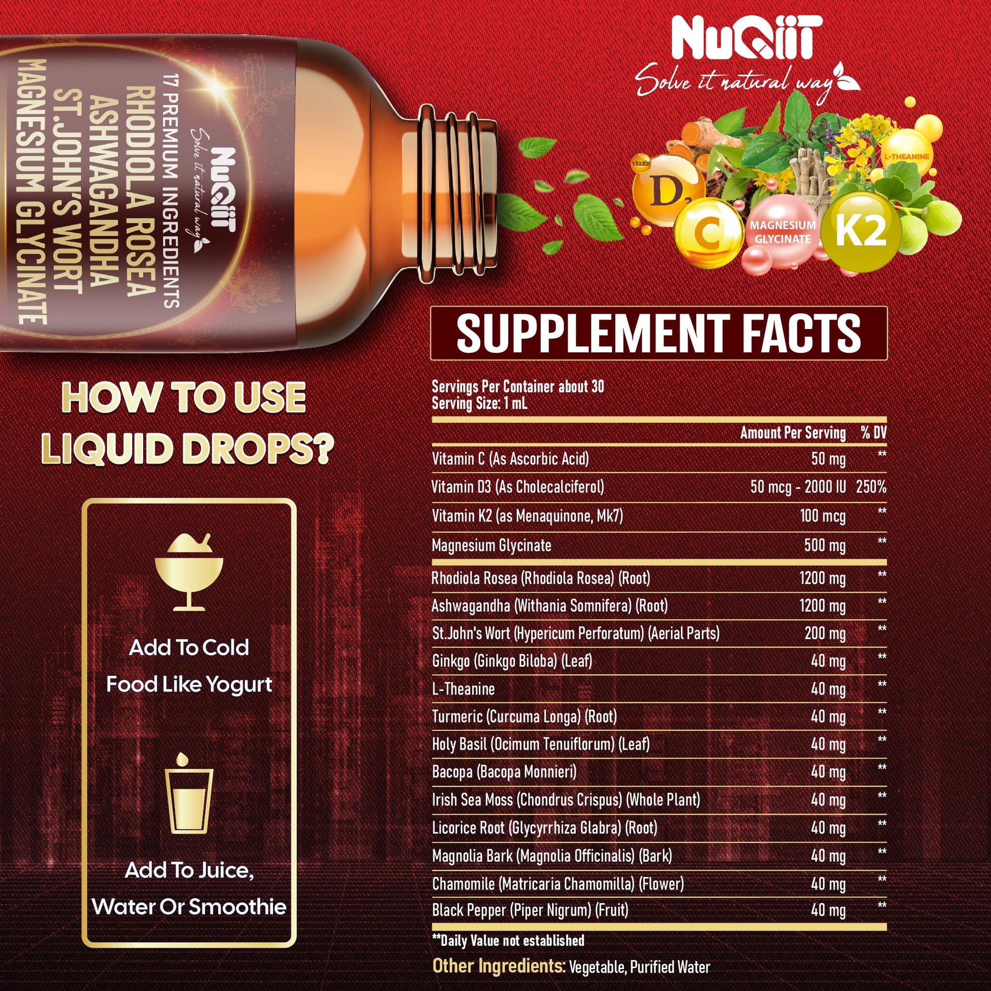 NUQIIT 17in1 Rhodiola Rosea Liquid Drops Tincture w/Ashwagandha Magnesium, L-Theanine. Ultra Rhodiola Cortisol Supplement, Rhodiola Root for Mood, Energy - 1 FL Oz - 60 Day Supply NUQIIT uk supplements