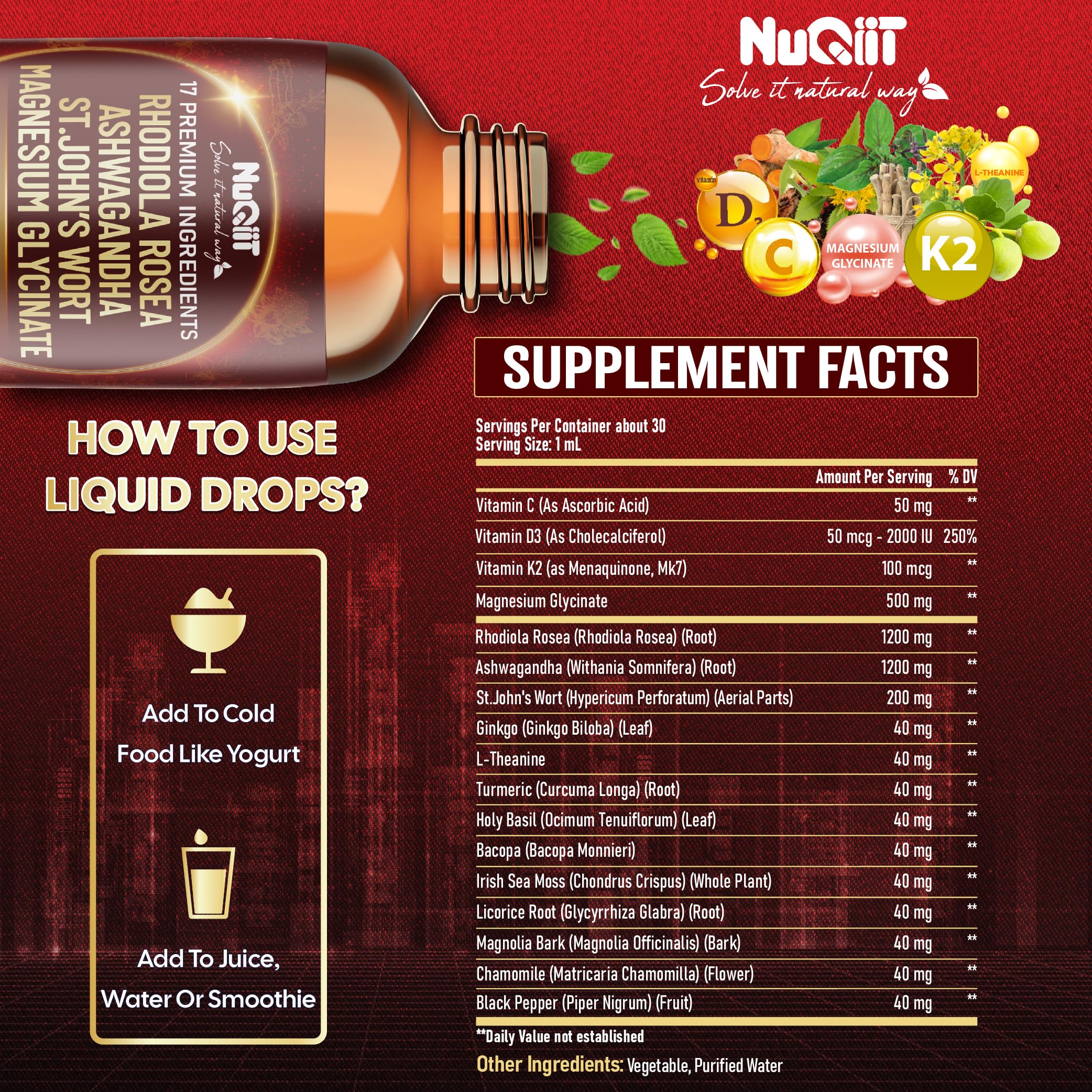 NUQIIT 17in1 Rhodiola Rosea Liquid Drops Tincture w/Ashwagandha Magnesium, L-Theanine. Ultra Rhodiola Cortisol Supplement, Rhodiola Root for Mood, Energy - 1 FL Oz - 60 Day Supply NUQIIT uk supplements