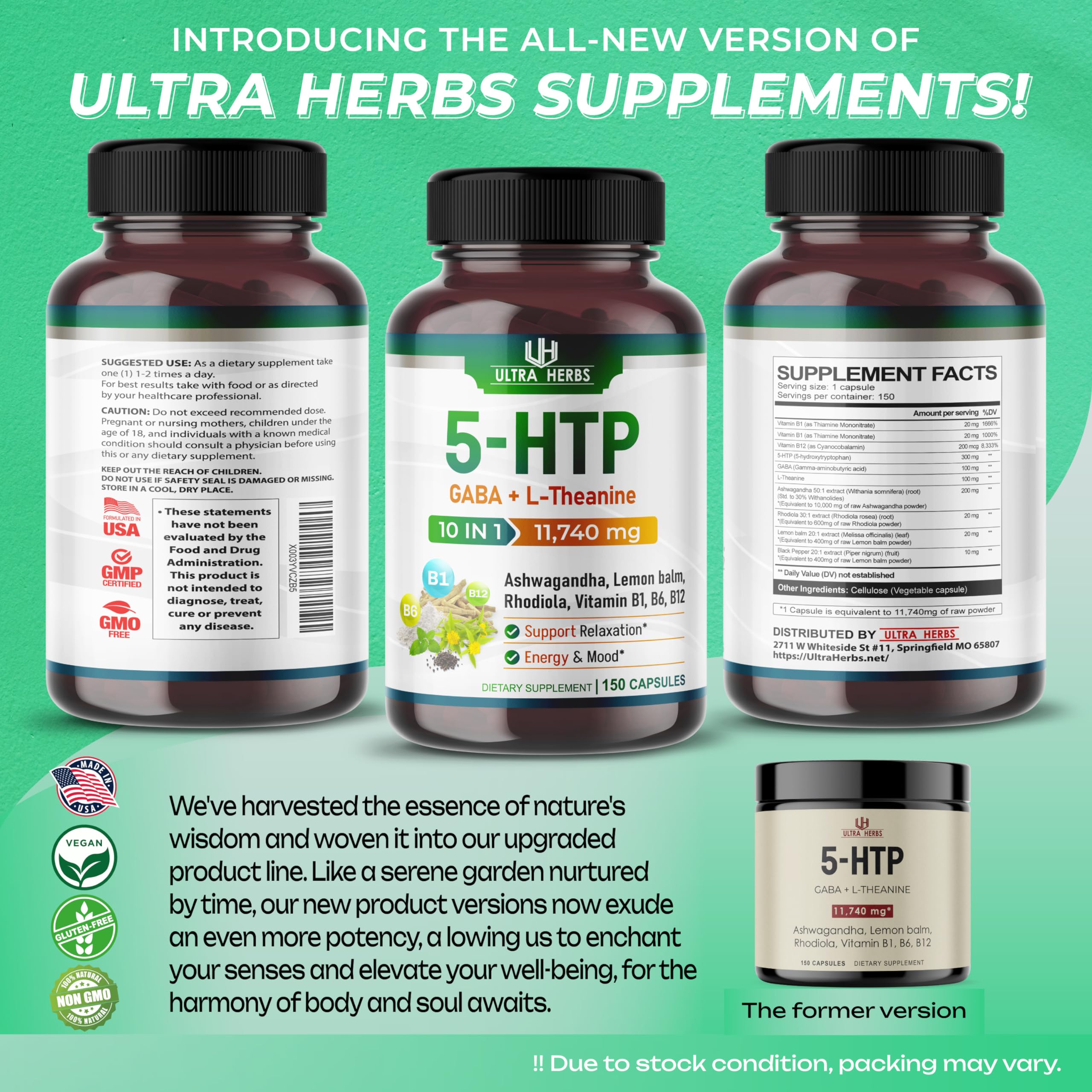5-HTP Supplement 11,740mg 10 in 1 with GABA, L-Theanine, Ashwagandha, Rhodiola ULTRA HERBS uk supplements