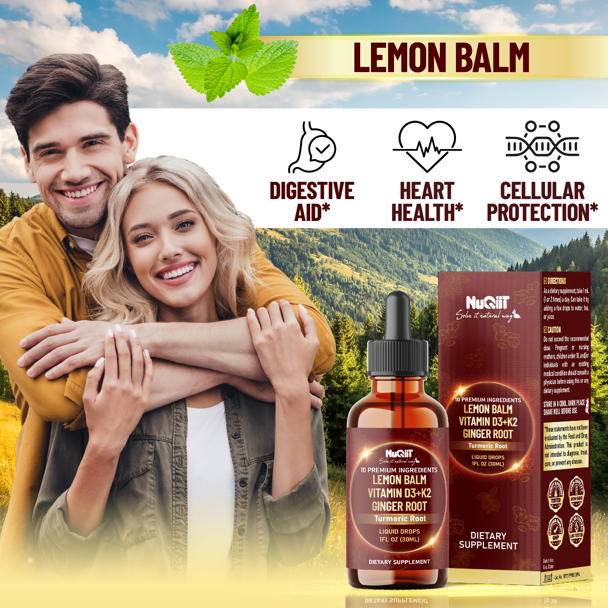 NUQIIT 10in1 Lemon Balm Tincture Blend Includes Vitamin D3, Vitamin K2, Lemon Balm, Ginger, Turmeric, Ceylon Cinnamon and More - 1 FL Oz - 60 Day Supply NUQIIT uk supplements