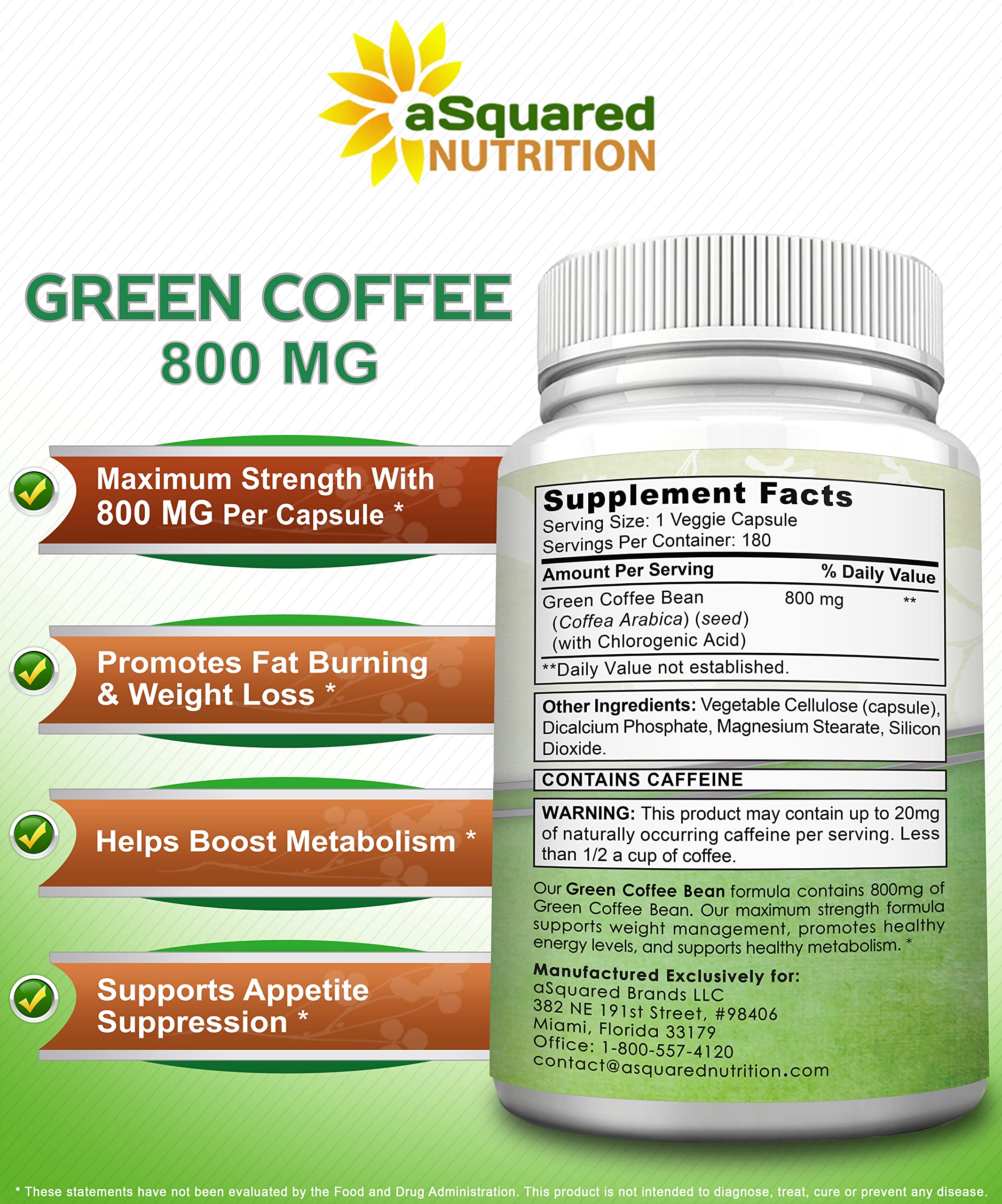 aSquared Nutrition Natural Green Coffee Bean Formula-180 Capsules-Max Strength GCA aSquared Nutrition uk supplements