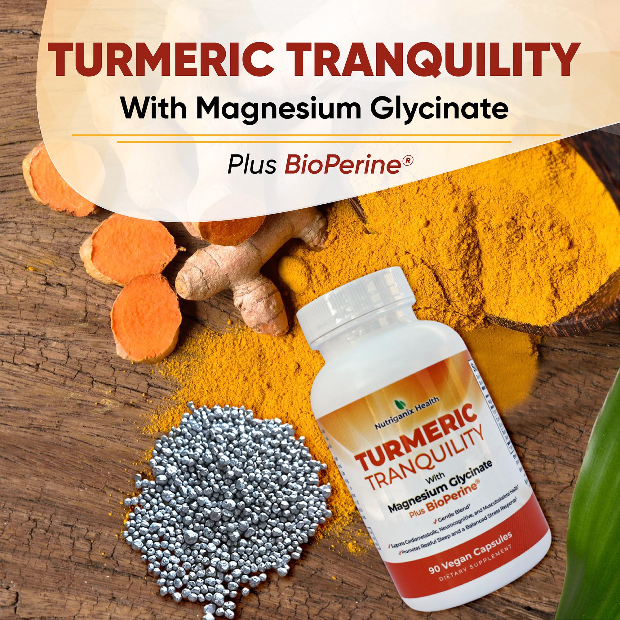 Turmeric Tranquility Turmeric Curcumin & Magnesium Glycinate with BioPerine – Support for Stress Relief, Sleep, Heart Health, Muscles, Metabolism, and Joint Health* - High Absorption - 90 Capsules (1) Nutriganix uk supplements