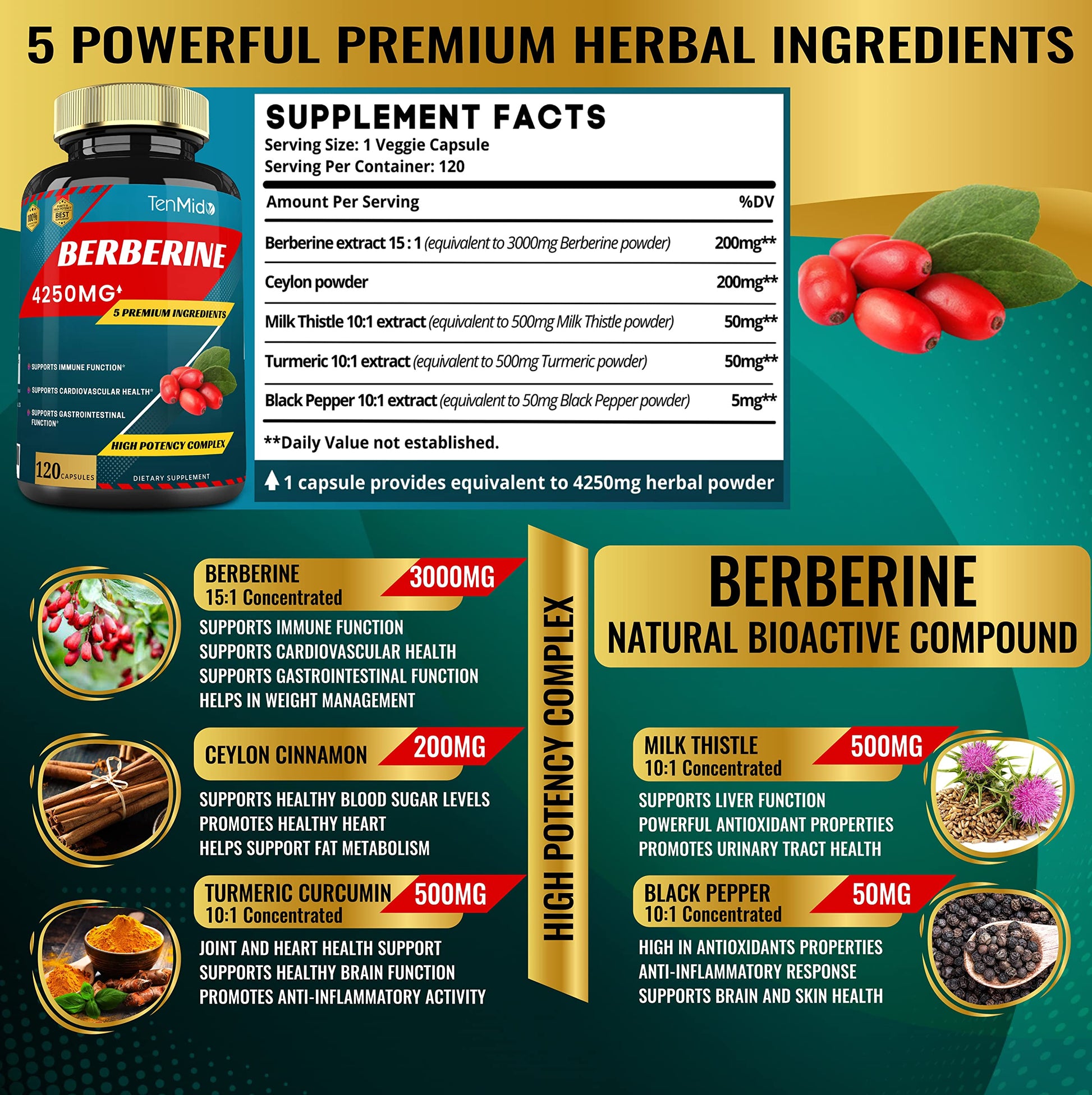 Berberine Extract Capsules 4250mg, 4 Months Supply & Ceylon, Milk Thistle, Turmeric Tenmido uk supplements
