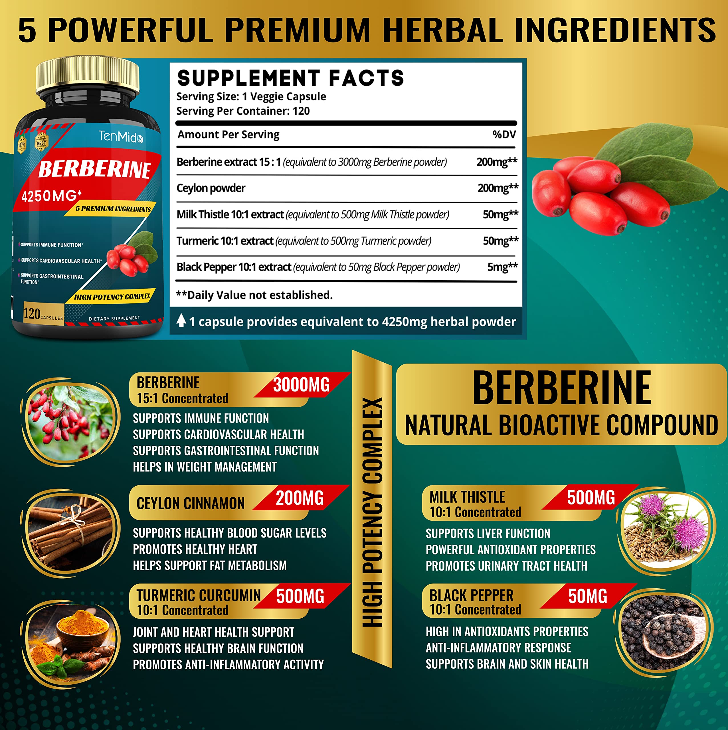 Berberine Extract Capsules 4250mg, 4 Months Supply & Ceylon, Milk Thistle, Turmeric Tenmido uk supplements