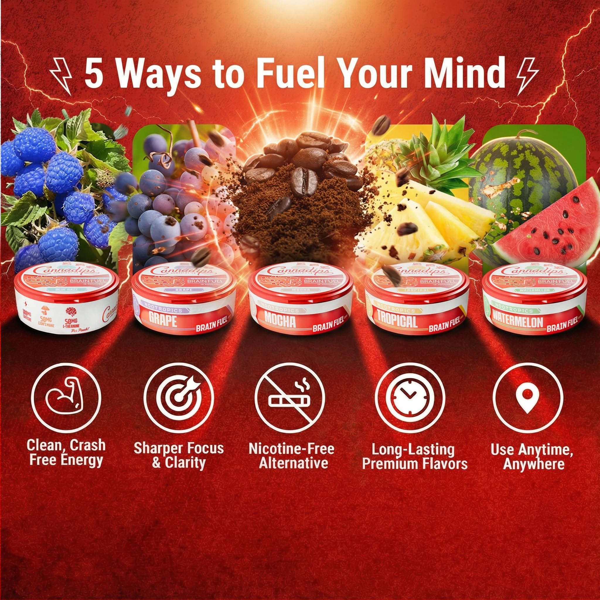 Cannadips - Brain Fuel Variety Pack - Nootropic Caffeine Pouches - 50mg Lion's Mane, 100mg Caffeine, 50mg L-Theanine, No Sugar - Clean Energy Brain Fuel for Cognitive Performance, Made in USA (5-PACK) Cannadips uk supplements