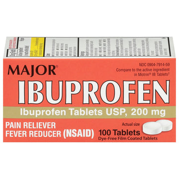 MAJOR Dye-Free Ibuprofen Tablets 200 mg - Helps Temporarily Reduce Fevers - Offers Pain Relief - 100 Tablets (1-Pack) MAJOR uk supplements