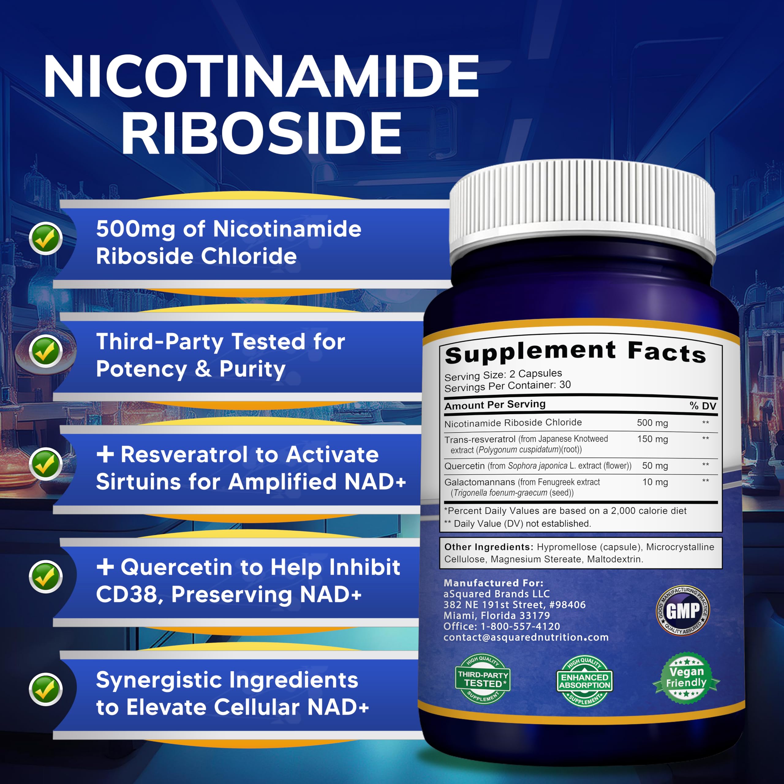 aSquared Nutrition NAD Resveratrol Supplement - NAD+ Nicotinamide Riboside 500mg (Vitamin B3) Plus Trans-Resveratrol & Quercetin - NMN Alternative for Men & Women - 60 Capsules aSquared Nutrition uk supplements