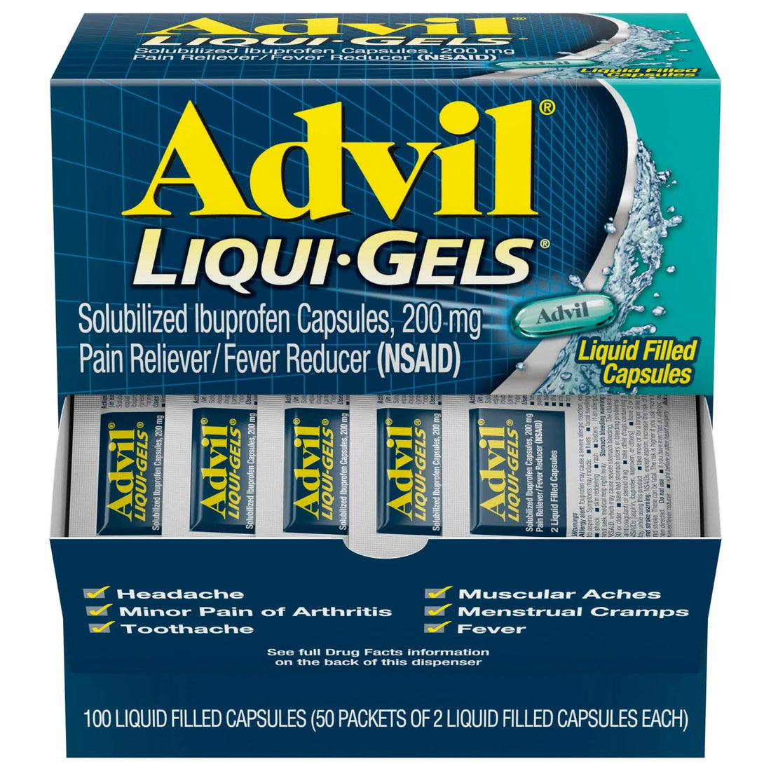 Advil Liqui-Gels Pain Reliever and Fever Reducer, Pain Medicine for Adults with Ibuprofen 200mg for Headache, Backache, Menstrual Pain and Joint Pain Relief - 50x2 Liquid Filled Capsules Advil uk supplements