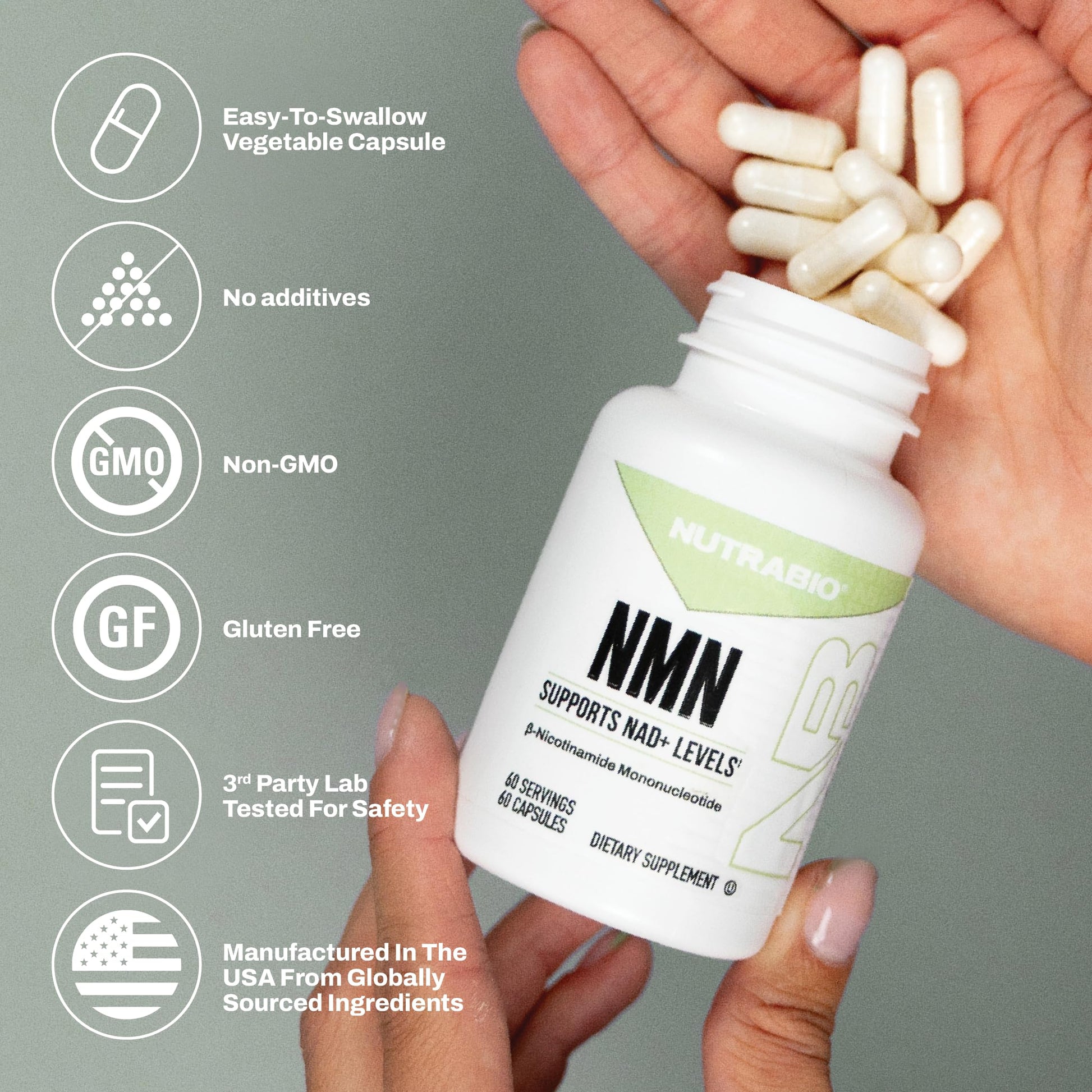 NutraBio NMN - NAD Supplement, Longevity Support, Boost NAD Levels, Increase Cellular Energy, Brain Health, Healthy Aging- 60 Servings- 60 Capsules NutraBio uk supplements