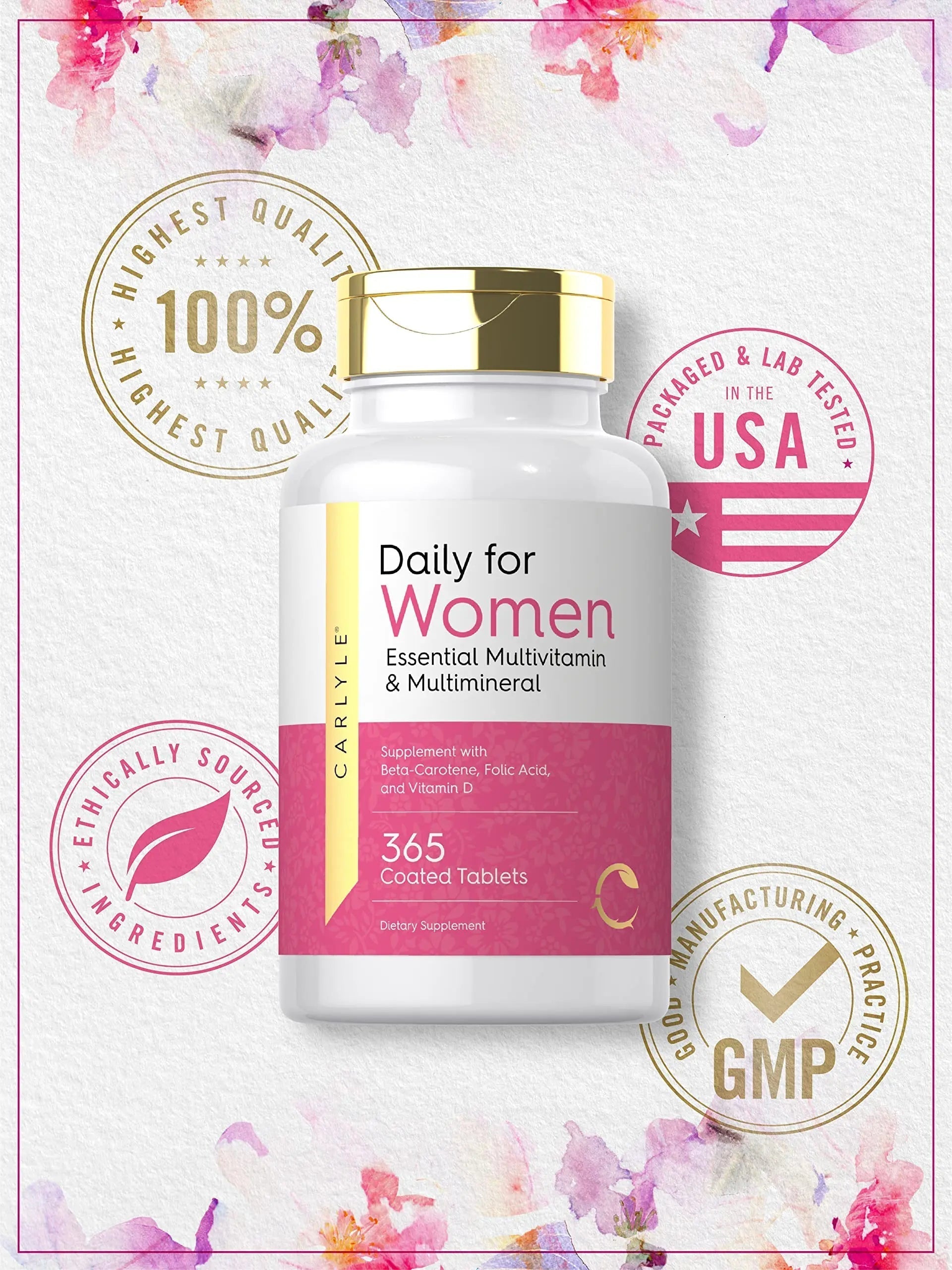 Carlyle Women's Daily Multivitamin and Multimineral Supplement | 365 Tablets | Beta-Carotene, Folic Acid and Vitamin D | Non-GMO, Gluten Free Pills Carlyle uk supplements