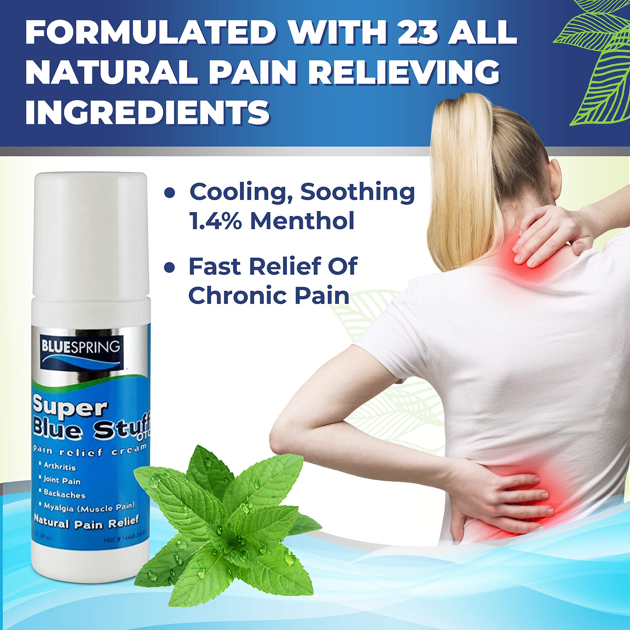 Super Blue Stuff Natural Pain Relief roll on with Emu Oil by BlueSpring- Pain relief rub Anti Inflammatory Analgesic Cream for Back, Knee, Joint, Muscle, Arthritis, and neck Pain Relief- 3 Oz roll-on. Emu Therapy uk supplements