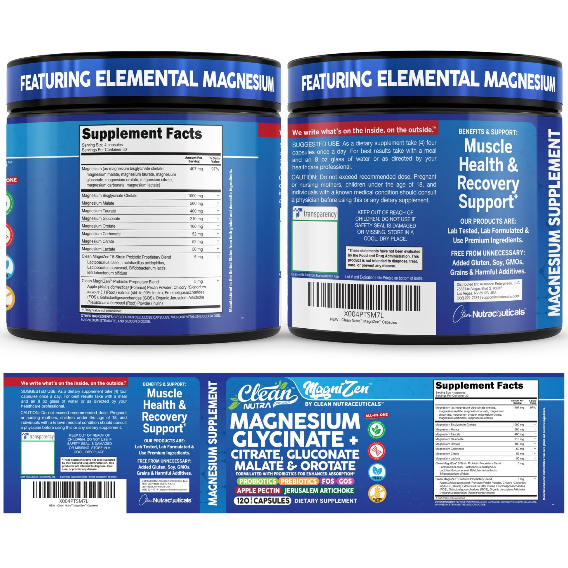 Clean Nutra Magnesium Glycinate Citrate Malate Orotate Taurate Supplement Complex + 10 Strain Probiotic Prebiotics FOS GOS Inulin Sleep Calm Support Apple Pectin – 120 Vegan Capsules Clean Nutraceuticals uk supplements
