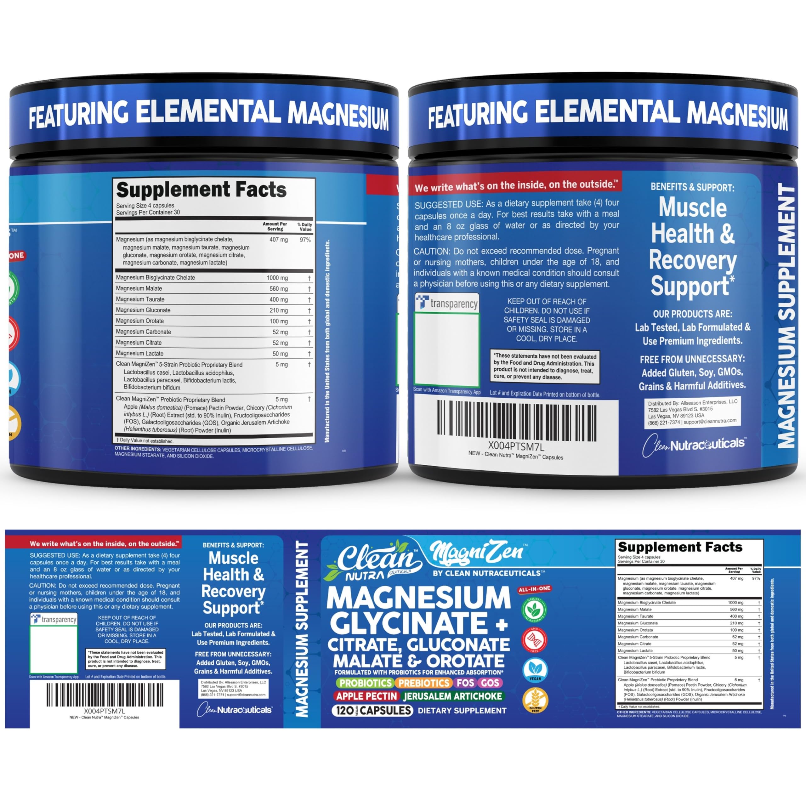 Clean Nutra Magnesium Glycinate Citrate Malate Orotate Taurate Supplement Complex + 10 Strain Probiotic Prebiotics FOS GOS Inulin Sleep Calm Support Apple Pectin – 120 Vegan Capsules Clean Nutraceuticals uk supplements