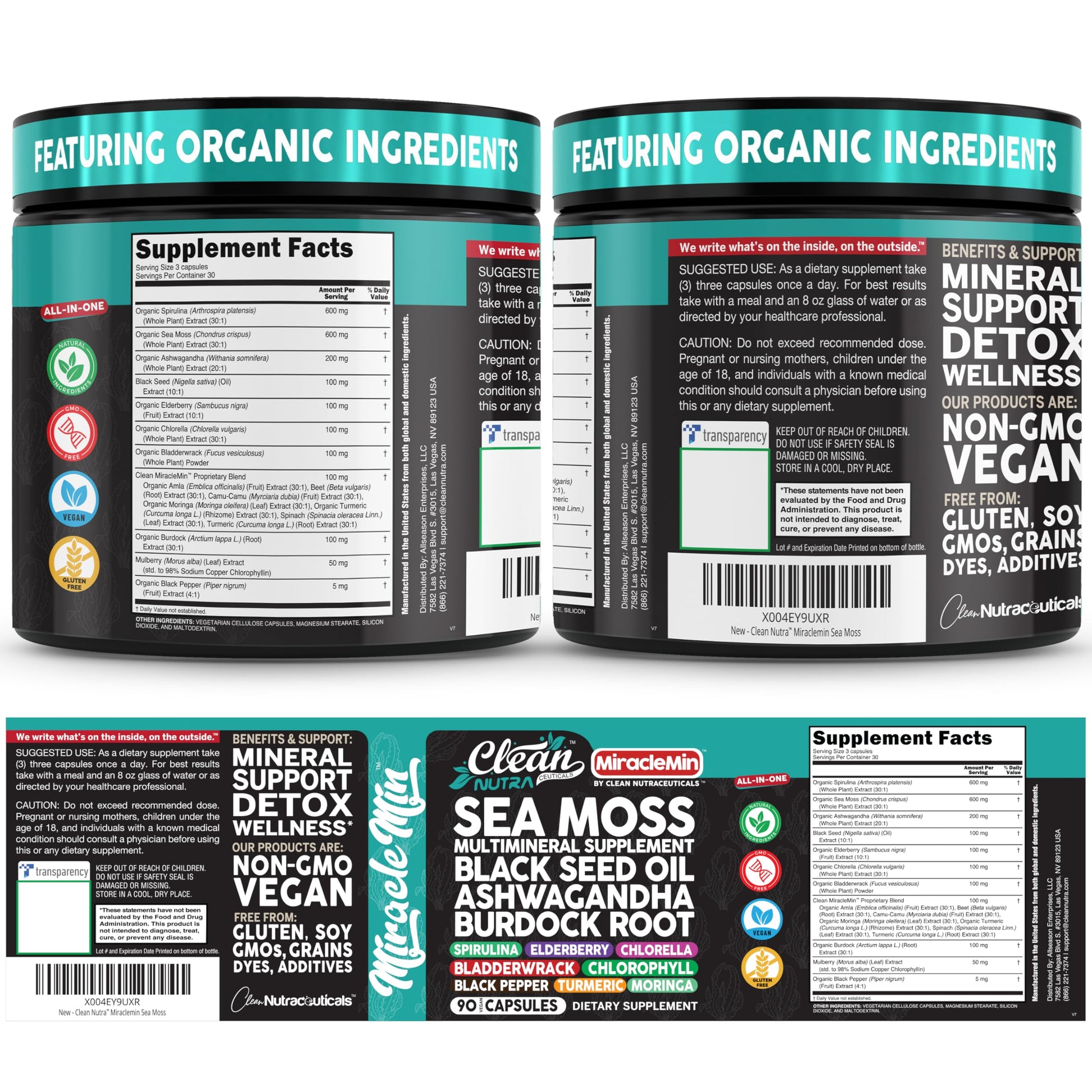 Clean Nutra Organic Sea Moss Capsules with Ashwagandha, Black Seed Oil, Burdock Root, Bladderwrack, Moringa, Chlorella, Spirulina, Turmeric, Elderberry, Amla – 90 Vegan Capsules – MiracleMin Clean Nutraceuticals uk supplements