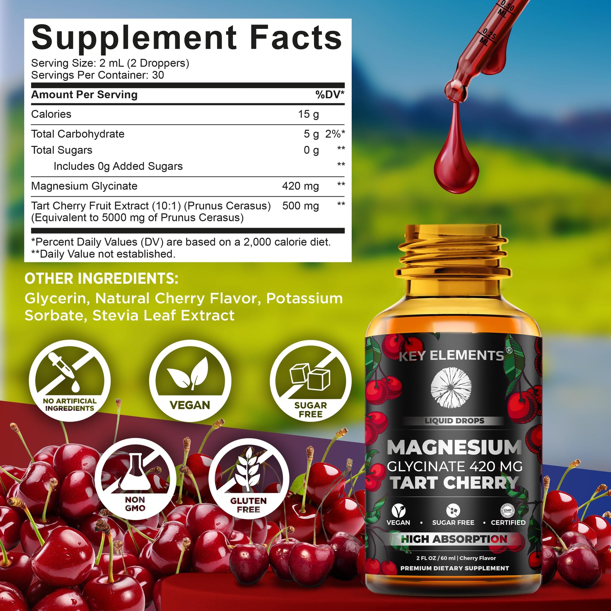 Liquid Magnesium Glycinate 420 Mg with Natural Tart Cherry Extract | Magnesium Glycinate Drops Supplement for Sleep, Mood & Mobility Support | Tart Cherry Extract KEY ELEMENTS uk supplements