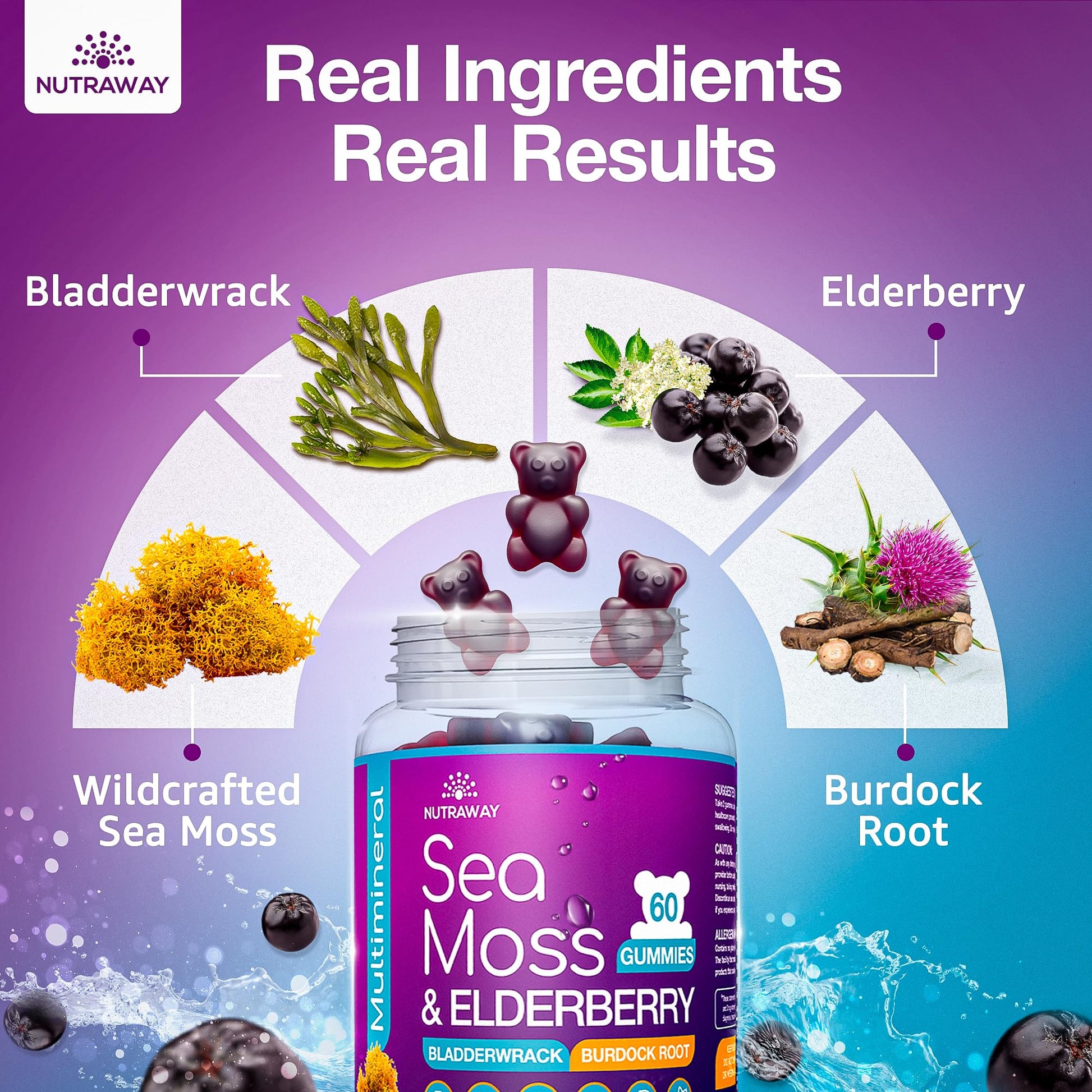 NUTRAWAY LABS Sea Moss Gummies with Elderberry, Vitamin C & Zinc - 102 Minerals from Irish Sea Moss, Bladderwrack & Burdock Root for Immune Support - Vegan Seamoss Supplement (Pack of 1) NUTRAWAY LABS uk supplements